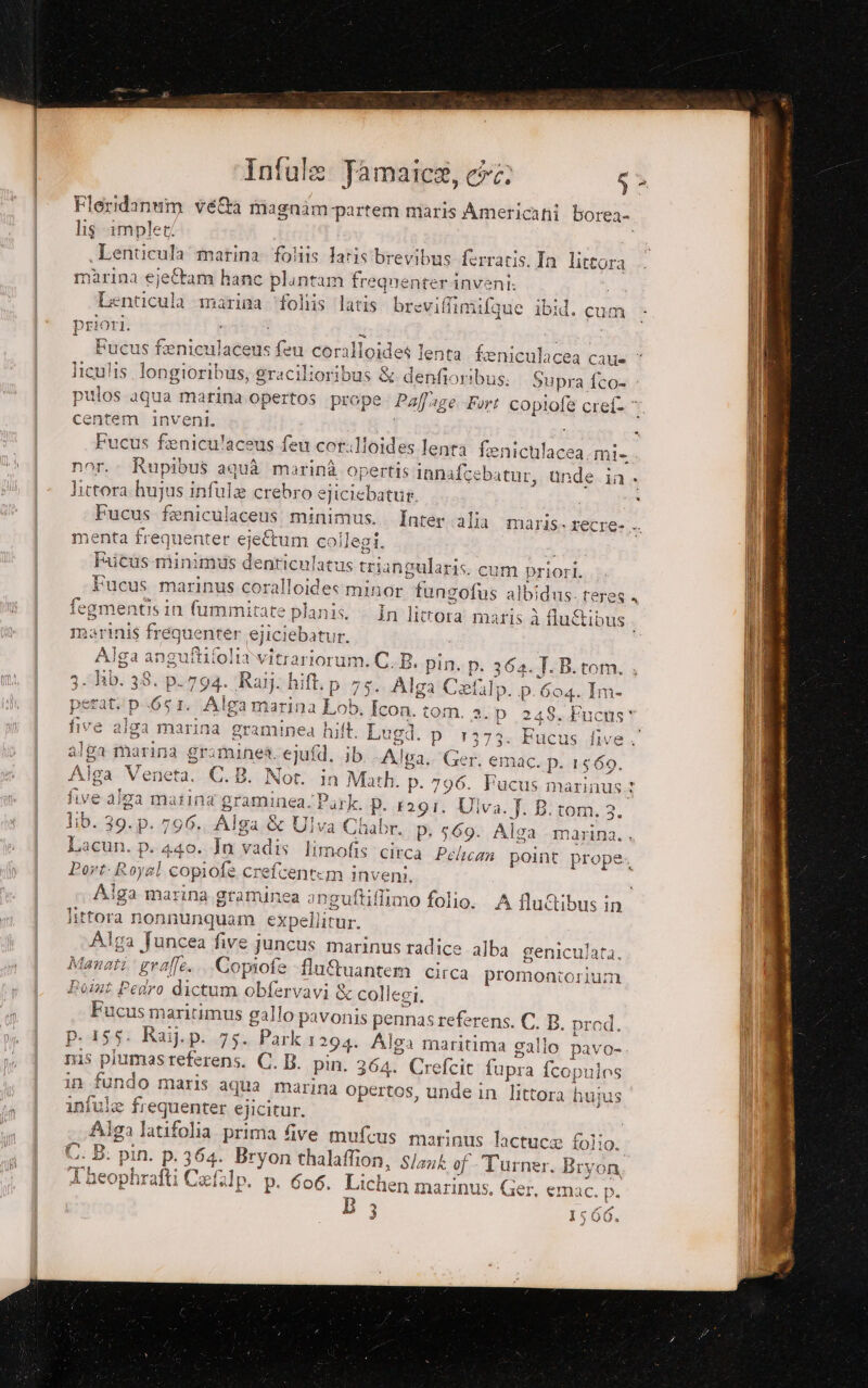 Floridanum vetta riagnàm-partem maris Americani borea- lis implet Lenticula' matina foitis Yaris brevibus ferratis. In litcora marina ejeCtam hanc plantam frequenterinveni: Lenticula ‘marina ‘foliis ‘latis breviffi nifgue priori. Fucus feniculaceus feu corallo; ides lenta fa eniculacea Cque “ liculis longioribus, gracilioribus &amp; denfiori !bus:. Supra fco= pi vite aqua marina opertos prope Pal: ige Fort copiofe cref. © centem inveni. Fucus feniculaccus feu cot.loides lenta feniculacea.mi- Dai Rupibus aquà marinà opertis innafcebatur, Unde in littora hujus infula crebro e ejiciebatur. Fucus feniculaceus minimus. nenta frequenter ejetum collegi. Sr Faicus minimis denticulatus triangularis cum priori. Fucus marinus coralloides minor tungofus albidus. re TCS « fu 3 VERRA DIRI RR egmentis in fummitate planis. In littora maris a flu&amp;ibus. is freguenter ejic Jebatur. \Iga anguf Rifoliavitrariorui ma B. pin. p. 364.J.B.tom. D. 38. p.794. Raij. hit. p 7 . Alga Cetilp. p.604. Im- «D ne crd ee RI pia 290 tom. 2.p 248. Fucus: ga marina graminea hift. Lugd. p 13 73: Fucus five. alga marina gramineà. ejufd, jb Alga. Ger. emac. p. 1569. Inter alia maris. recre- -. L Alga Veneta. C.B. Her in Math. p. 796. Fucus marinus.: five alga ma bi: sMaiaia: Park. p. 6291. Diva. J.B.tom.3. lib. 39. p. 796 Alg ga &amp; Ulva Chabr. p, 569. Alga marina. Y Lacun. p. 440. sa vadis lim nofis circa P Port: Royal copiofe c Frecesitaa inveni, Aiga marina gramine guftiffimo folio. A flu&amp;ibus in littora nonnunquam aa Alga Juncea five Juncus marinus radice alba geniculata, M lanati graffe. Copiofe flu&amp;tuantem Circa promontorium Point Pedro dictum obfervavi &amp; x collegi. Fucus maritimus gallo pavonis pennas referens. C. B. prod. p.155- Raij.p. 75. Park 1294. Alga m aritima gallo pav Os ris piumasreferens. GR pin. 364. Crefcit fupra fcopulns in fun ndo maris aqua marina opertos, unde in littora hujus iniule frequenter ejicitur. Alga latifalia prima five mufcus marinus lactuce folio. C. B. pin. p.3 = pon thalaffion, S/ank of-Turner. Bryon, I heophrafti Cefalp. p. 606. Lichen marinus. Ger. emac. p. B 3} 1566 ) 0a elican point prope SEN io pio rt cero ia sis 7 PIE Ea