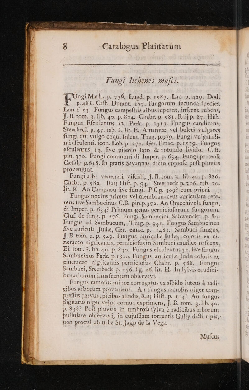 Funoi lichenes mufci. Ty Ungi Math. p. 776. Lugd. p. 1587. Lac. p..429. Dod. i p.481. Caft. Durant. 177. fungorum fecunda fpecies, Lon f 53. Fungus campeftris albustuperne, inferne rubens, J. B. tom. 3. lib, 40. p.824. Chabr. p. 581. Raijp. 87. Hit. Fungus Efculentus 12. Park. p. 1317. Fungus candicans, Steerbeck p. 47. tab. 2. lit. E. Amanita vel boleti vulgares fungi qui vulgo coqui folent. Trag. p.939. Fungi vu!gatiffi- mi efculenti. icon. Lob. p..271.. Ger. Emac..p.1579.. Fungus efculentus 13. five pileolo lato &amp; rotundo livido. €. B. pin. 370. Fungi communi di Imper. p. 634. Fungi prateoli Cefalp.p.618. In pratis Savannas diftis copiofe poft pluvias proveniunt. Fungi albi venenati vifcidi, J. B. tom. 3. Hb. 40. p. 826. Chabr. p. 582. Raij Hift. p. 94. Steerbeck p.206..tab. so. lit. K. An Carapucu five fungi. Pif. p. 309? cum priori. Fungus noxius primus velmembranaceus auriculam refe, rens five Sambucinus C.B; pin.p.372. An Orecchivola fungo, di Imper. p. 634? Primum genus pernicioforam fungorum. Cluf. de fung. p. 276. Fungi,Sambucini Schwenckf. p. 80. Fungus ad Sambucum,. Trag.p.941. Fungus Sambucinus five auricula Jude, Ger. emac. p. 1481. Sambuci fungus, J.B. tom. 1. p. 549. Fungus auricule Jude, coloris ex ci- neraceo nigricantis, perniciofusin Sambuci caudice nafcens E). tom. 2, lib. 40. p. 840. Fungus efculentus 32. five fungus Sambucinus Park. p.1320. Fungus auricule Jude coloris ex cineraceo nigricantis perniciofus Chabr. p. 588. Fungus Sambuci, Steerbeck p. 256. fig. 26. lit. H. In fylvis caudici- bus arborum innafcentem oblervavi. Fungus ramofus minor corrugatus ex albido luteus è radi- cibus arborum preveniens, An fungusramofus niger com preflus parvusapicibus aJbidis, Raij Hift. p. 104? An fungus digitatus niger velut cornua exprimens, J. B. tom. 3. lib. 4o. p.838? Poft pluvias in umbrofa fylva è radicibus arborum pullulare cbfervavi, in cujufdam torrentis Gully di&amp;i ripis,: non procul ab urbe St. Jago de la Vega. . b) Mufcus