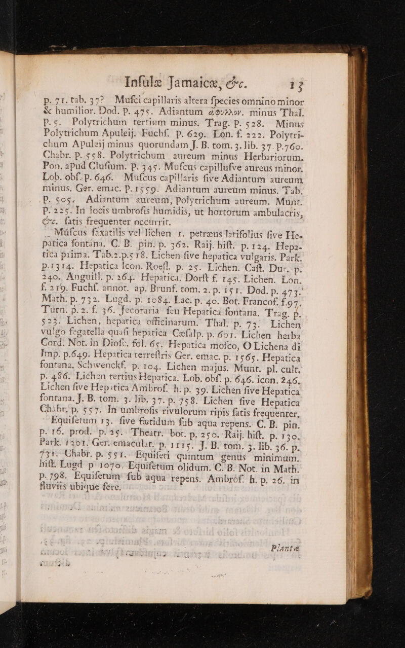 p. 71. tab. 37° Mufci capillaris altera fpeciesomnino minor &amp; humilior. Dod. P. 475. Adiantum &amp;@vAor. minus Thal. s. Polytrichum tertium minus. Trag. P. 528. Minus Polverichum Apuleij. Fuchf. p. 629. Lon. f. 222. Polytri- chum Apuleij minus quorundam J. B. tom. 3. lib. 37.P.760. Chabr. p..3 58. Polytrichum aureum minus Herbariorum. Pon. apud Clufium. P. 345. Mufcus capillufve aureus minor. Lob. obf.p. 646. Mufcus capillaris five Adiantum 2uream minus. Ger. emac. P.1559. Adiantum auream minus. Tab. .P. 505. Adiantum aureum, polytrichum aureum. Munr. p. 225. In Jocis umbrofis humidis, ut hortorum ambulacris, ©. fatis frequenter occurrit. — Mufcus faxatilis vel lichen 1. petreus latifolius five He. patica fontina. C. B. pin. p. 362. Raij. hift. p. 124. Hepa- tica piima. Tab.2.p.518. Lichen five hepatica vulgaris. Park. p.1314. Hepatica Icon. Roefl. p. 25. Lichen. Cat. Dur. p. 240. Anguill. p. 264. Hepatica. Dorft £. 145. Lichen. Lon. f. 21°. Fuchf. annot. ap. Brunf. rom. 2. p. isr. Dod. P. 473. Math. p. 732. Lugd. p. 1084. Lac. p. 40. Bot. Francof {.97. Turn. p. 2. f. 36. Jecoraria feu Hepatica fontana. Trag. p. 523. Lichen, hepatica officinarum. Thal. p. 73.° Lichen vu!go fegatella quafi hepatica Cefalp. p. 601. Lichen herba Cord. Not. in Diofe. fol. 65. Hepatica mofco, O Lichena di Imp. p.649. Hepatica terreftris Ger. emac. p. 1565. Hepatica fontana. Schwenckf. p. 104. Lichen majus. Munt. pl. cult, P. 486. Lichen tertius Hepatica. Lob. obf. p. 646. icon. 246. Lichen five Hep.itica Ambrof. h. p. 39. Lichen five Hepatica fontana. J. B. tom. 3. lib. 37.p. 758. Lichen five Hepatica Chabr, p. 557. In umbrofis rivalorum ripis fatis frequenter. p. 16. prod. p. 25. Theatr. bor. p, 250. Raij. hift. p. 130. Park. 12071) Ger. emaculiti p. 1115. J. B. tom. 3. lib. 36. p. 731. Chabr. p. 551. Equiferi quintum ‘gentis minimum. hifk Lugd p 1070. Equifettim olidum. CB. Not. in Math, p.798. Equiferum fub aqua repens. Ambròf h. p. 26. in fiuviis ubique fere. ari Planta RO SO CRI