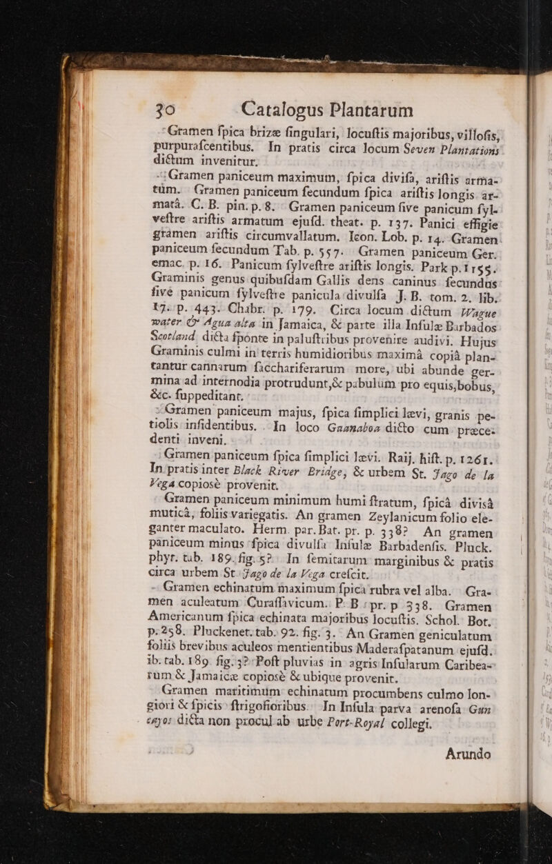 Gramen fpica briza fingulari, locuftis majoribus, villofis, purpurafcentibus. In pratis circa locum Seven P/aritativis di&amp;tum invenitur. «© Gramen paniceum maximum, fpica divifa, ariftis armia- tum. Gramen paniceum fecundum fpica ariftis longis. ar- matà. C. B. pin. p.8. Gramen paniceum five panicum fyl veftre ariftis armatum ejufd. theat: p. 137: Panici effigie gramen ariftis circumvallatum. Icon. Lob. p. 14. Gramen: paniceum fecundum Tab. p. 557: Gramen paniceum Ger; emac, p. 16. Panicum fylveftre ariftis longis. Park p.1r55. Graminis genus quibufdam Gallis dens caninus. fecundas fivé panicum fylveftre panicula:divulfa J: B. tom. 2. lib. T7./p. 443. Chabr: p. 179. Circa locum di&amp;um Wazue water © Agua alta in Jamaica, &amp; parte illa Infule Barbados Scotland ditta fponte in paluftribus provenire audivi. Hujus Graminis culmi in'terris humidioribus maximà copià plan- tantur cannarum facchariferarum. more, ubi abunde ger- mina ad internodia protrudunt,&amp; pabulum pro equis,bobus, ècc. fuppeditant. :/Gramen paniceum majus, fpica fimplici levi, granis pe- tiolis infidentibus. . In loco Gaanabos dito cum prece: denti inveni. Gramen paniceum fpica fimplici levi. Raij. hit. p.1261. In:pratis inter B/ack River Eriage, &amp; urbem St. Faso de la Xega copiosè provenit. Gramen paniceum minimum humi ftratum, fpicà divisà muticà, foliis.variegatis. An gramen Zeylanicum folio ele- ganter maculato. Herm. par. Bat. pr. p. 338? An gramen paniceum minus ‘fpica divulfa Infule Barbadenfis. Pluck. phyr. tub. 189.fig.5?. In femitarum marginibus &amp; pratis circa urbem St.Fago de /a Vega crefcit. -. Gramen echinatum maximum fpicà rubra vel alba. | Gra- men aculeatum Curaffavicum. P:B.pr. p 338. Gramen Americanum fpica echinata majoribus locuftis. Schol.' Bot, p:258. Pluckenet. tab. 92. fig. 3. An Gramen geniculatum foltis brevibus aculeos mentientibus Maderafpatanum ‘ejufd. ib. tab. 189. fig.3?Poft pluvias in agris'Infularum Caribéas rum &amp; Jamaice copiosè &amp; ubique provenir. Gramen matitimum: echinatum procumbens culmo lon- giori &amp; fpicis» ftrigofioribus.* In Infula parva arenofa: Gar cayos diîta non procul'ab urbe Port-Roya/ collegi.
