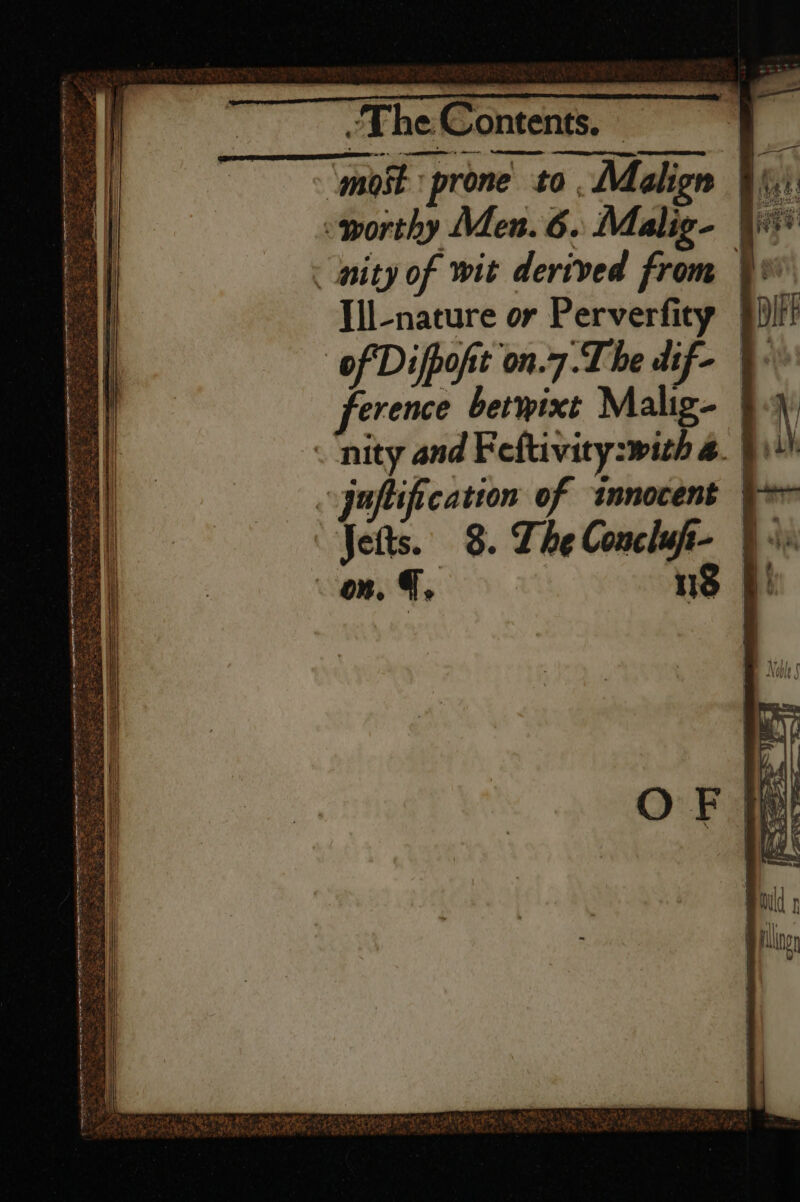 ‘most prone to. Malign 4) worthy Men. 6. Malig- qi nity of wit derived from ¥% Ill_-nature or Perverfity })li of Difpoft on.7.The dif- ference betwixt Malig- | nity and Feftivity:with 4.) juftification of innocent © Jets. 8. The sic i. Ile om. q. eS “The Contents, ©