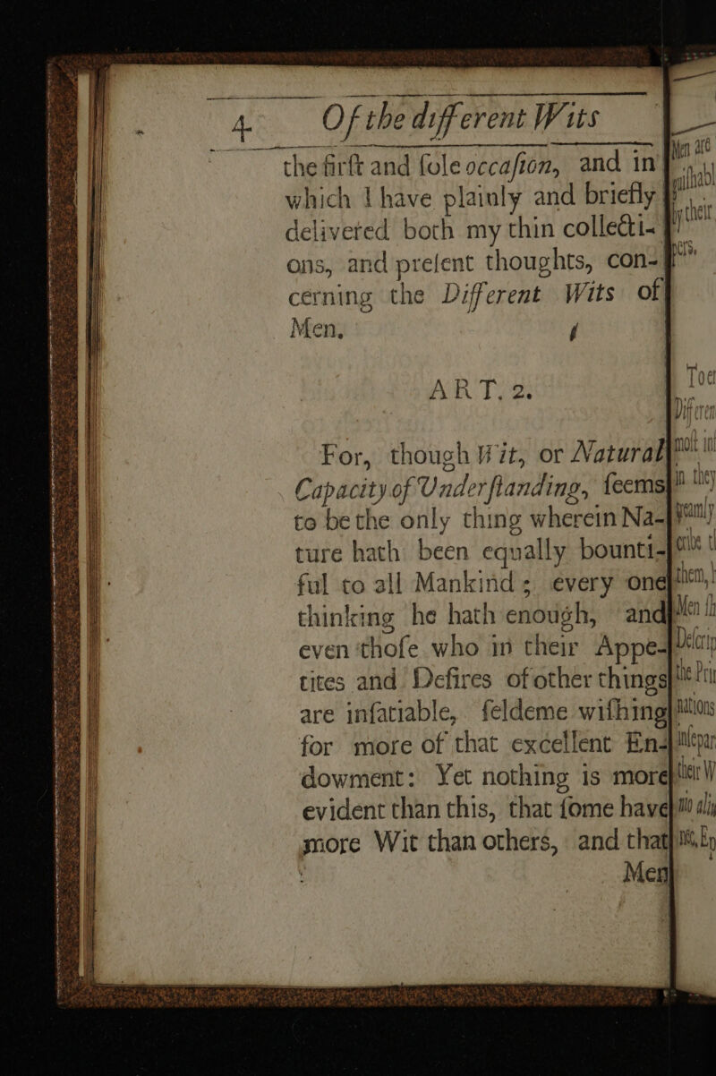 the firft and fole occafion, and in which Uhave plainly and briefly } deliveted both my thin collecti«f ons, and prefent thoughts, con-— cerning the Different Wits of Men, f AR To 2s For, though Wit, or Natural™ Capacity of Underflanding, feems\™) to bethe only thing wherein Na-/) ture hath been equally bountt- cit ful to all Mankind; every one en thinking he hath enough, and Men i even thofe who in their Appeé- Delo tites and Wefires of other things be Pe are infatiable,. feldeme withing lon for more of that excellent En-jiepar dowment: Yet nothing is more tei W evident than this, that fome have} ali gore Wit than others, and that) itr | Men RPMS Tone ee LO: ® Gel % OR % ss fed pt Ve en Gt f Sie Se ER Dh Be ir Fe yy Sima ae