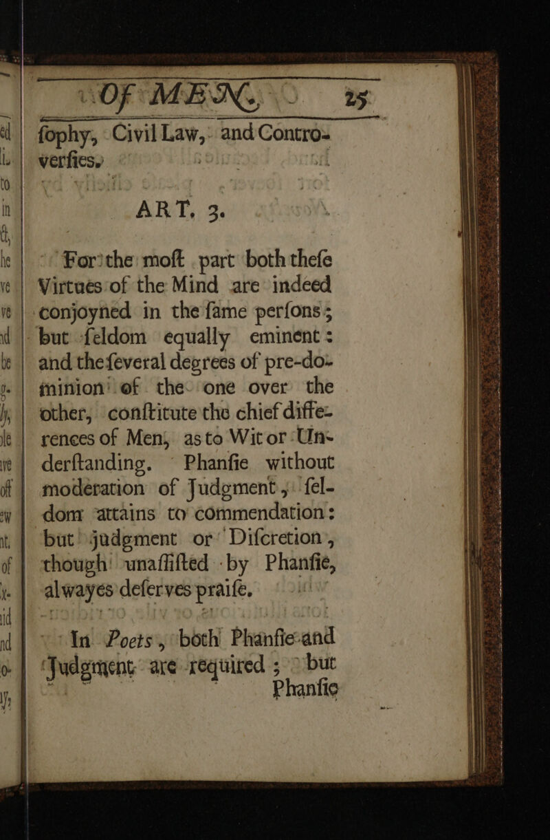 verfics. | _ °° Forithe: moft . part both thefe | Virtués of the Mind are indeed conjoyned in the fame perfons; but feldom equally eminent : and thefeveral degrees of pre-do- other, conftitute the chief diffe- renees of Men, asto Wit or -Un- derftanding. ~ Phanfie without moderation of Judgment ,: fel- dom ‘attains to commendation: but) judgment or’ Difcretion, though: unaflifted -by Phanfie, ne cha deferves praife. In Poets, both Phanfie anil J udgment aL -f ured ; but  Phanfic