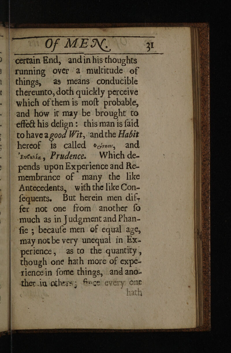 PUNO MENS 21 certain End, andinhis thoughts / running over a. multitude of things, as means conducible ' thereunto, doth quickly perceive which of them is moft probable, and how it may be brought to effet his defign: this man is faid to havea good Wit, andthe Habit hereof 1S called Dey yn, and, *gutenia, Prudence. Which de- pends upon Experience and Re- membrance of many the like Antecedents, with the like Con- fequents. But herein men dif, fer not one from another fo much as in Judgment and Phan- fie ; becaufe men of equal age, may not be very unequal in kx. perience, as to the quantity, though one hath more of expe- riencein fome things, and ano- ther inathers; fece every one 1 «eh } ph eya ad
