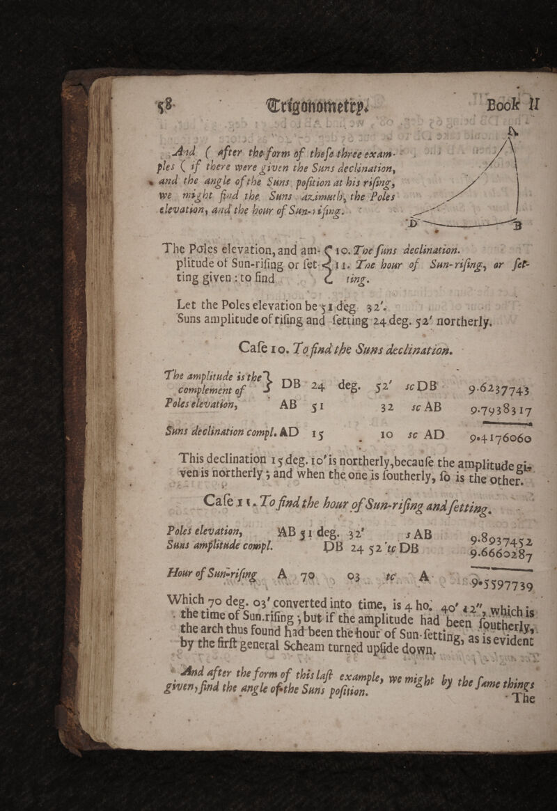 if Book II , V A j ^ i ' n i thf-form of thefe three exatn^ pies ( if there were given the Sans declination, and' the angle of the Sms, pofition at his rifing, we might find the. Sans az.immh\the Poles .elevation, and the hoar of San-tifing,- t 'The P<s\ss chvztiOR.^cind Cio.Tnefans decimation. plitude of Sun-rifing or fet < 11. of San-rifing, or fet~ ting given : to find,. „ C ting. , - » ' ' ' ' • ^ ; ^ ‘ • * * Let the Poles elevation be 51 deg’ 32V  1 : Suns amplitude of fifing and -fetting 24.deg. 52' northerly. lo^fo^find t.he Suies'decimation, ■ The amplitude istheX r\o , , _> ^complement of ^ ^ ^ Q^g. 52 /cDB> 9'^^3774'3 Poles elevation. AB 51 32 sc AB P7y383 i7 Suns declination compl. kD 15 ‘ ^ 10 AD 9.^76060 This declination i54eg. io'is northerly,becaufe the am-plitude pi ven is northerly 3 and when the oiie is foutherly, fo is the othe? * i.T<?/W/^e hour ofSun-rifing and fitting, - PoUs elevationf AB5i'deg. 32' jAB ; og Sms amplitude compl. PB 24 52 Vr DB . 9]666o287 Hour of Satfirifing A 70 «'A* -•i.’*--• -i -* 03 . re- -'^-A '‘-!-9»5S97739 Which 70 deg. o3Vconverted into timci is 4 ho; 40'12 wh;.!,; . the time of Sun.rifing •, but if the amplitude had been loVii-te.ri ** by the firft general &heam turned upfide do.wa. evident ^ ‘ And after the form of thislafi example, wemioUt Um ,u r 1-