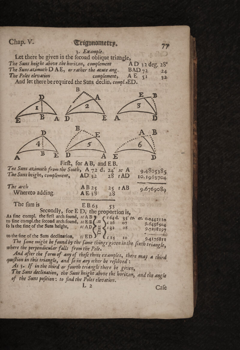 3. Example. Let there be given in the fecoad oblique triangle, The Suns height above.thehorizj)n, complement ■ AD 32deg. 28' TTse Suns azAmuth DAE, or rather the acute ang. B AD 72 24 The Poles elevation complement.^ A' E 51 And let there be required the Suns dcclin, ww/>/.»ED. 3> E 32r* E D A E Firft, for A B, and E B. Tne Suns az-imiith from the South) A 72 d. 24' sc A The Suns height) complement) AD 32 28 fAD AB 25 A £38^ 25 tAB 28 ■ ‘ 9.4S05385 10.1963704 9.6769089 The arch Whereto adding ' *■ , * -Cs ■■ Thefurais EB63 53 Secondly, for E D, the proportion is. As fine compl. thefirft arch found, ^rAB* ( ,d4d. 35'-tr. o.ouzsir) to fine compl.thefccond arch found, \i 2(5 on ^ foil the fine of the Suns height. .^rAD>|A32 i to the fine of the Suns declination, sc'S.Dj Is id 9.41^^ The fame might be found by the fame things given in the fixth triamrf^ where the perpendicular falls from the Pole* . . * jind after the form of any of thefe three examples) there mav a third (juejhon in this triangle) and fo in any other be refolved i As If in the third or fourth triangle there be givett) The Suns declination) the Suns height above the horix^onl and the anyh of the Suns poptton; to find the Poles elevation. * ^ 2 Cafe ...i- r T - ^ • A