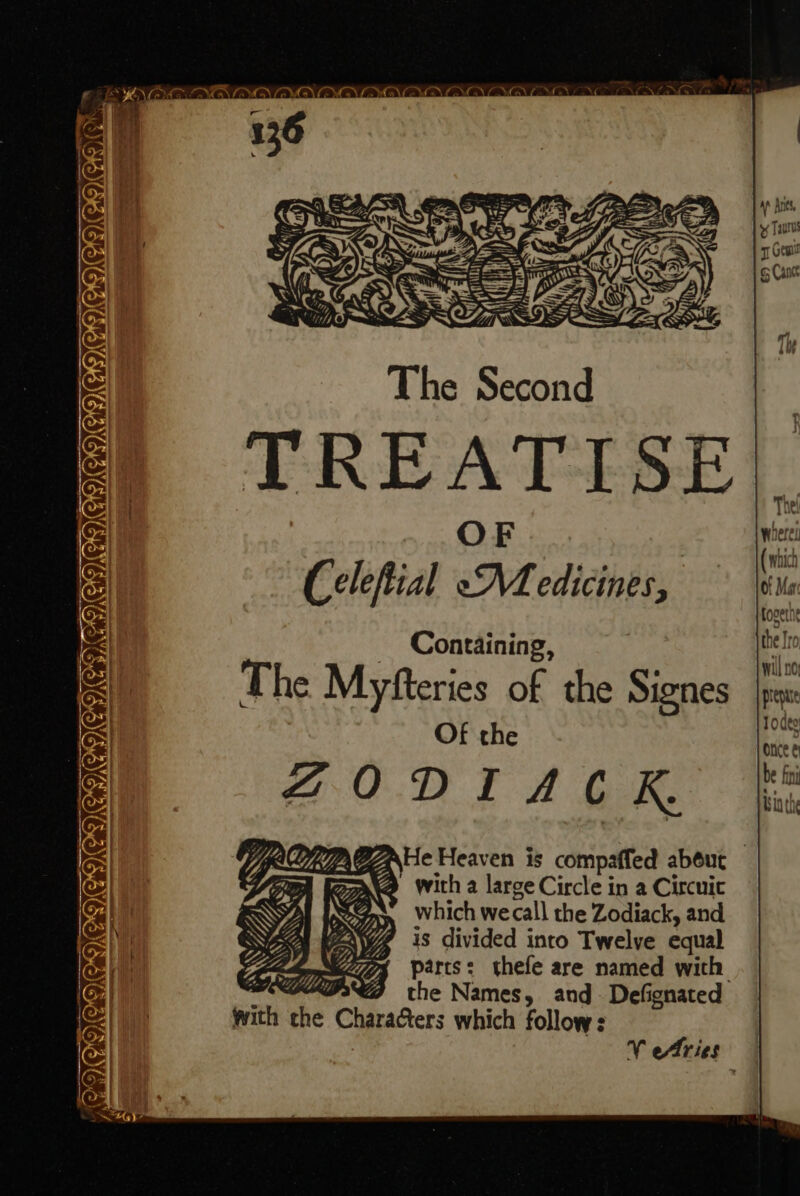 y - oeriO A Re ONS OVA OYA: MAGLIO LAAN OO : | bs Cal 7 Go OF ote o ; Cant x | ee The S The Second &amp; TREATISE (Gea) S| the ea OF ‘it ez riba wich e Celefial Medicines, a a Containing, ble eal) The Myfteries of the Siones rey Sx} % $ 10de | OF the bie be fii Isinehe Wate Heaven is compaffed about @ with a large Circle in a Circuit which we call the Zodiack, and is divided into Twelve equal parts: thefe are named with i @ the Names, and Defignated with che Chara&amp;ers which follow: V Aries MANIA GNGANGIGNGY, / a