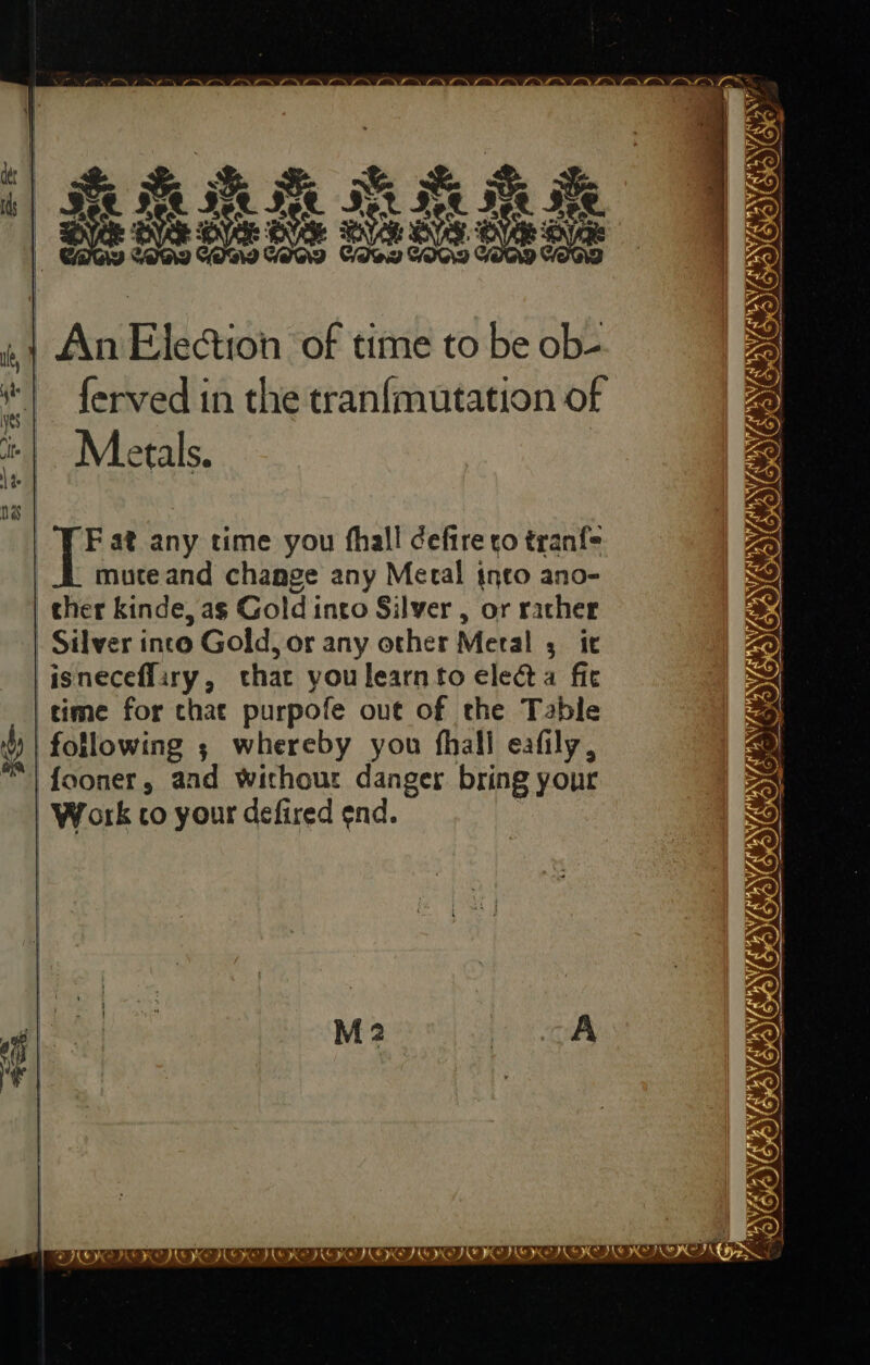 = ery — 5S He Se He | An Ele@tion of time to be ob- NRG *) ferved in the tranfmutation of 1} Metals, zg |e. | Zs ne sag . | ES F at any time you fhall defire ro tranf&gt; Ze (Xp _L muteand change any Metal into ano- ther kinde, ag Gold into Silver , or rather Silver into Gold, or any other Metal 5 it isneceflary, that you learnto electa fic time for chat purpofe out of the Table following ; whereby you fhall eafily, 'fooner, and withour danger bring your Work co your defired end. 4) NEE NII ENON NINEN ENED i, ah AG IRE PO IIE KE TER TIERED MOE I EIEIO I ERE SII ig ak,