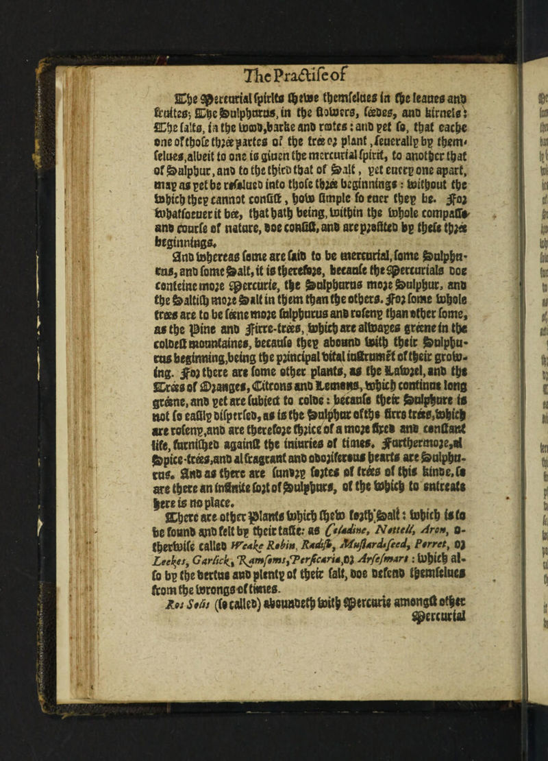 CbeSpercorialfpidts tbcmfelues in fbefeauesanb Unites-, &$e&ulpbatas, in the fistoers, feDes, ano btrnelei fiCtjcfalta, i^t^eU30)ii,ljac{ieanDra}tcs:anDpet fo, that eacbe one ortbofetb;®partes of the treeo; plant ,feuerallpbp tbenv felues,albeit to one is gioen the mercurial fpirit, to another that of ^alpbur, ano to the ttjicD that of $»alt, pet euerp one apart, map as pet be refelueo into tljofe tbtfe beginnings: toit&out the tobiebtbcp cannot confitt, bol» fimplc fb encr tbep be. ifoj tubatfoeoeritbee, that bath being, toit&m tbe tobole compaU* ano conrfe or nature, ooe confia, ano arep;o8teo bp theft tb^c beginnings* ano tobercas feme are feio to be mercurial, feme feulpbn* fas, ano feme £alt, it istberetpe, betanft tbeSpercurials Doe con(einemo;e qpercurie, the ^alpburus moje Sulphur, ano tbe &altiO) mo;e &alf in them than tbe others. $n feme tobole trees are to be feme mo;e fitlpbnrus ano rofenp than other feme, as the pine ano jfirre-trees, tobicb are altoapes greene in tbe coloeamouRtaines,becanfe tbep aboano totib their fcolpbu- cos beginning,being the principal bitalioOrumet of their groin¬ ing. there are feme other plants, as the Hatojel, ano the SCrees of Ranges, Citrons ano Hemena, tobicb continue long gtdene.ano petarefabietf to coloe: becanfe their &n!phure is not fo eafiip oifperfeo, as is the pulpbue of the firro tries,tobicb are rofenp,ano are therefore tpice of a mo;e tfeeo ano confiant life, furniCheo againfl the intones of times* jFurtbermo?e,a( &pice - trees,ano al fragrant ano oOo;tfer«us hearts are Sulpha- cos* Sno as there are fano*p fejtes of tries ot this tonne, fo are there an infinite fe;t of Salfhtas, ot the tobicb to entreats here is no place. SCbetc ace other plants tobicb tocto fojtfc&alh Web is to befounoanofeltbp their taffe; as 0^ne> N*tuUt Aron, o- thertoife calleo Weak? R»^ MnJI*rdtfced7 Ptrret, OJ Leefys, Gar/icS^% %amf«msfPtrfcArUp% Arfefmtrt: tobfel al- fo bp the bertue ano plcntp of their faU,ooe oefeno tbemfelues from the torongs of times. Rot Sofa (fe calico) abeuaoeth Pith ^ercorie amongfi other Mercurial