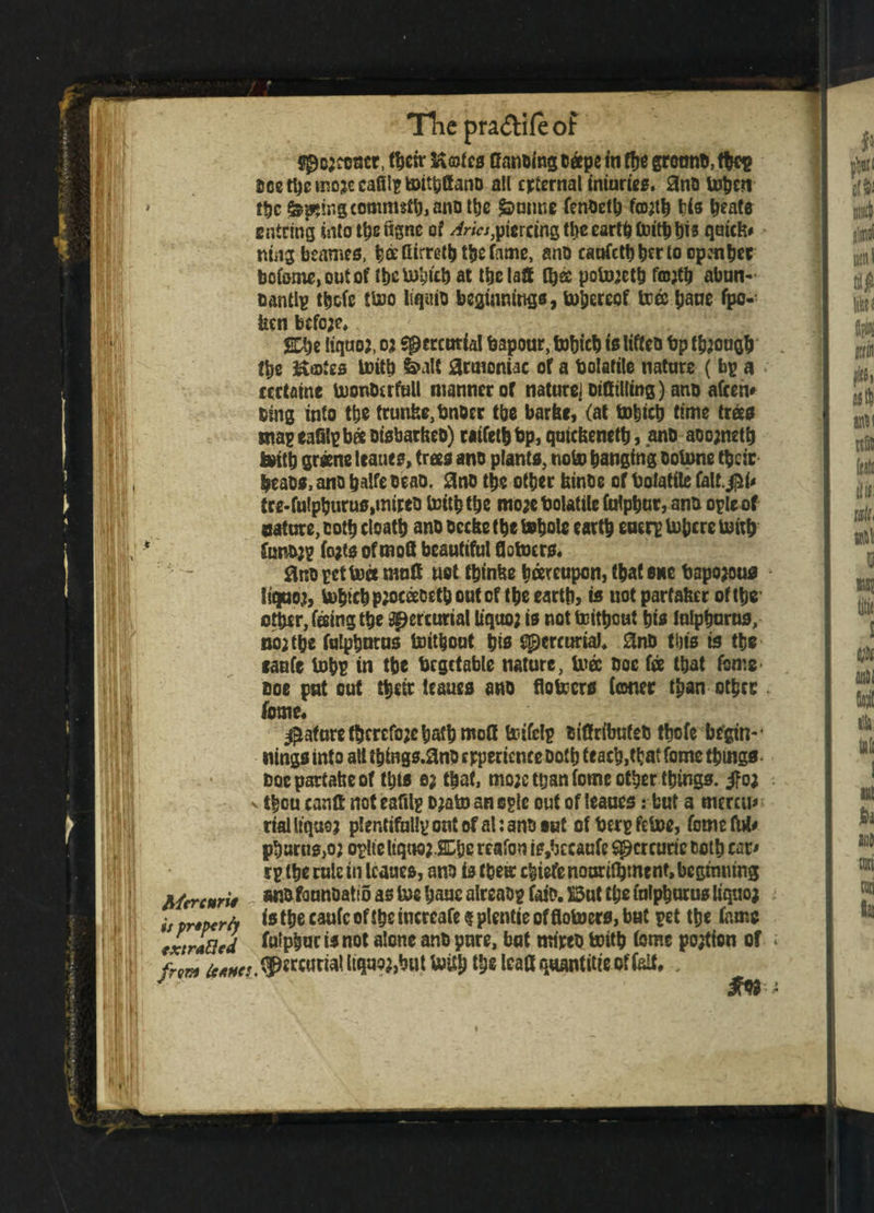 The pra&ifeof $po;?oatr, factr Kates toeing cape in the grotmd,tbcp Ccefaemojccafilptoit&too ail eternal imurieg. 0nd toben ttjc feeingccmmsfMno the Ratine fenced fojtb Hs tjeate entring into fas figne of Aries,piercing tt>c earth toifa bto quick# mng beamed, baflirrefafaefame, and caoCett) ^cr Co opafaer bcfome,ou{Qf factohtfa at faelaS (bee potojetb fojfa abun- aantlp facto ttoo liquid beginnings, (Thereof tree pane fpo- iten bcfc;e, %X)i liquo;, 03 Mercurial baponr, tobicb is lifted bp though fas Kates U>ifa &alt $rmonuc of a bolatile nature ( bp a certaine tuondirfull manner of nature] aiSilting) ana afeen# bing into fae trunks, bndcr tbe barke, (at tobicb time trad mapeafilpba aisbarhed) raifefabp, qutekenefa, and aoo;nefa feifa grane leaner, trees and plants, noto banging oolme faeir beads, and balfe dead, and fae other kinds of bolatile falt./j^i# tre-fulpburus,mired toifafae mo;e bolatile fulpbur, and opieof nature, doth cloatb and occke tbe toboto eartb euerp Inhere toifa fund}? fojts of mofi beautifut flotoers. 0nd pet tree molt net tbinke hereupon, that sue bapojous liquoj, tobicb p:oceedefa out of tbe eartb, is not partaker of tbe other, feeing tbe Mercurial liquo; is not trittjeut bis Infpburns, no; tbe fatpbuws toitbout bid ^ercuriaJ* Snd this is tbe eanfe tub? in tbe Vegetable nature, tree doe fa that feme doe put out tbeir leaues ano floteers (oner than other. feme, $afnrefbcrcfo;cbafamoG toifelp diCribnfed tbofe begin¬ nings into att tbings.and experience doth teach,that fomc things doe partake of this e3 that, mo;c than feme other things, jfo; v thou cantt not eafilg o;ato an epic out of leaned: but a menu* rial liqasj plentifulip out of al: and tut of berp fetor, feme fat* pburudjo; oplie ltqtwj.2C&c rtafon is,bccauto Spcr curie doth car* rp the rule in leaues, and Is their fatofenaurifament, begriming Mercuric wtofonnoatio as Ire bane alreadp faiD. X5ut the falpbnrus liquo; iV pr«jxrh i* t&« canto of1fa* iucreafe § plentie of flotoers, but pet the lame txtrafied IWp&w i* not alone and pure, but mired toifa tome portion of * frm fam, Mercurial liquo;,but toitb the lead quantise of fait, .