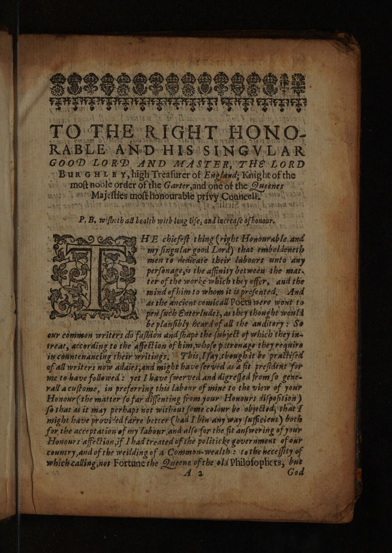 TO THE RIGHT HONO- RABLE VAN D:HIS(SINGV DAR GOOD LORD AND MASTER, THE: LORD Bure HL #'y, high Treafirer of Eagland: Knight of the — ‘moftnovle order of the Garter,and one of the Oaeéner ausy s S“Mayelties moltionourable privy’ Conneelh’ see oe amet ELM 6.4 STAI CTA LOGNRE TS SHte -etayl honeys SECS | P, B, wifhcth al health with long tife, and increaje ofbonaur. Be Pee HE chiefeit thing (right Hoponrable and fp ° my fingalar good Lord) that empolacnetp mente dedicate thew labours unto ‘any perfonage,ts the affinity between the wat. terof the worke- which they offer, and the ‘wind of hima to whom tt prefented. And «as the ancient comicall Poets were wont to a) ped (uch Cnterludes, as they thonght woul | | “be planpibly heard of all the anditery: Sa on conuson writers do fafbion aud fhape the (ubjett of which they in _ treat, according to the affetlion of tim, whole patronage they require incohntenancing their writings, This,T fay thougist be ‘prattijed a of all writers now adaitsjand might bave ferwed asa fit prefident for a metohave followed: yet Ihave (werved and digrefjed fromfo genes | rallacultome, in preferring this labour of wintto the view of your Honour(the matter fo far diffenting from your Honours difpoftion) | forthat as it may perbaps nor without fome colony be objected; that I might have provited farre better (bad I bin'any way [ufficcent) both for the acceptation of wy labour .andalfofor the fit anfwering of your Horiours affettion,if Ihad treated of the politicke government of nr country and of rhe weilding of a Comumon-weulth: tothe neceffity of whichcalling not Fortune the Ragone of the eld Philofophets; gg