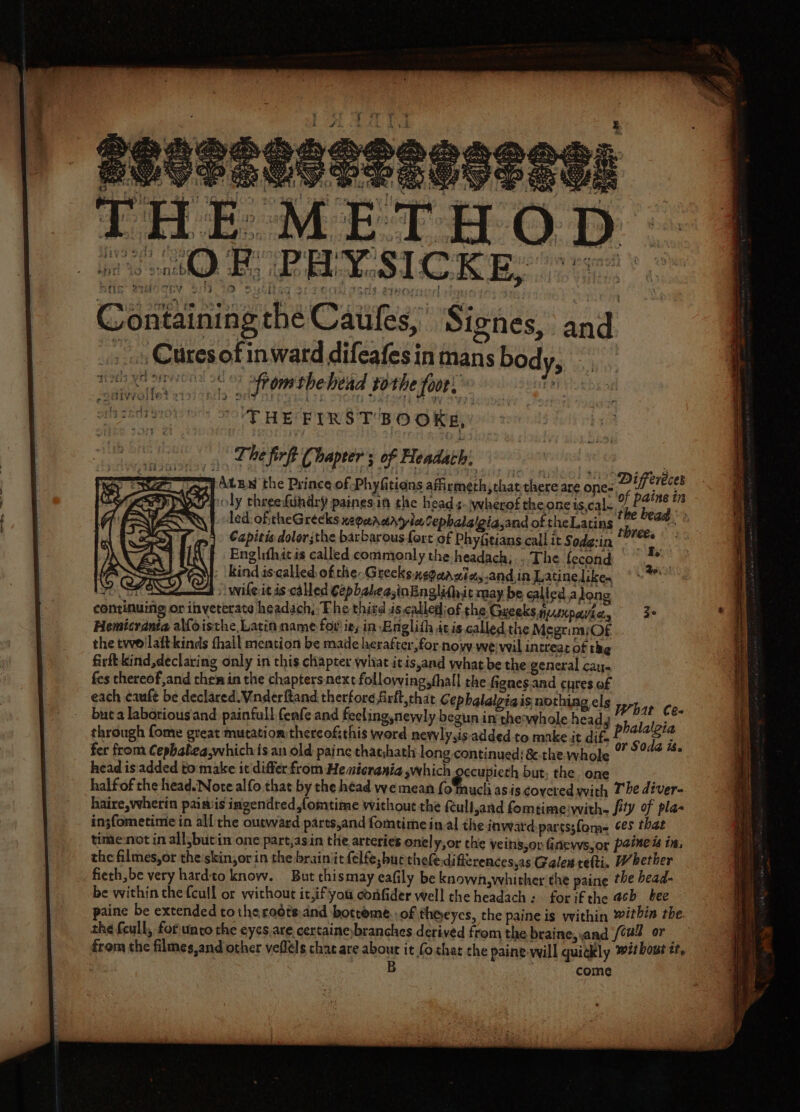 SEES ee sry a bibJ Bed awe. ADS r ap bi x . ei k ous ™. ay a : MS ? if, ‘ 2 oa ey f 4 a Fa hep —_- Sr x &lt;&lt; Syne : * é vf “OB rah) X - - ew io : a ee Be ' ‘ H ; f 75% M QC) D ’ 1 { - ‘ s are pl ¢ ei . 4 j } HIV OD ind ted i i i eb UP ae ee M ; thy i 4 OS a Bae Grisii e7it: 10 Suntbs Pe 313 Fi oni o&gt; tees Sten ; Te? Bday: ; Be) t “i r ; yd rICERY fF 2 Subizsd s th} of - 29H¢ i : ; sfc Pye Containing the Caules, Siones, and Cures of inward difeafesin mans body, sp apig- wel a en © fromtbehend tothe poor! nile THE FIRST BOOKE, Aiionindatadsy f The firf Chapter ; of Headach: AL Ew the Prince of Phyfitions afisineth;that there si Ps nes Differeces oly theeefuhdry paines. in the head s.\wherof the one is,cal« of paine ir Capitis dolerjthe barbarous fort of Phyfitians call it Sodg-in threes Englithit is called commonly the headach; . The fecond me | Ie : Kind is-called of the Greeks. negeaaite,.andin Latinelike, © ** M9, CFE) CA)» wile it is called CepbaleasinEnglif,it may be called.along continuing or inveterate headach,- The thitd is callediof the. Gueeks nu. UN pett cig 2 Hemicranta alfoisthe Latin name for’ it, in Englith itis called the MegrimjOF the twoilaft kinds thall mention be made herafter,for nowy we veil intreat of the firit kind,declaring only in this chapter whiat itis,and what be the general cay- fes thereof,and chen in the chapters:next following, thall the fignes.and cures.of each cauft be declared. Vnderftand therfore firft,that Cephalalgiais nothing els 1 but a laborious and painfull feafe and fecling,newly begun in the-vhole head 3 fh Ay ce- through fome great mutation thereofithis word newly,isadded. to make it dif. peas fer from Cephalieawhich is an old paine that,hath long continued: &amp;-the whole i hid head is added to:make it differ from He micrania which cupieth but; the one halfof the head. Nore alfo that by the head wemean foMaucl asis covered with Tbe diver- haire,wherin pasiis ingendred,lomtime without the (ull,and fomeime:with- fly of pla in3fometime in all the outward parts,and fomtime inal the inward partssfome 6es that time-not in all,butiin one part,asin the arteries onely,or the veins,or fimews,or poined in, the filmes,or the skin,orin the brainiit felfe,buc thefe-di fierences,as Galen refti, Whether fieth,be very hardto know. But thismay eafily be knowh,whither the paine ¢ he head- be within thefcull or without it,ifyou confider well the headach: forifthe ach bee paine be extended tothe rodts:.dand bottome. of theeyes, the paine is within within the. the full, foriunto the eyes.are certaineybranches d erived from the braine,and 0“ or from the filmes,and other vefléls chac are about it fo that the paine will quickly ™# bout if. come a en et ae ee Son