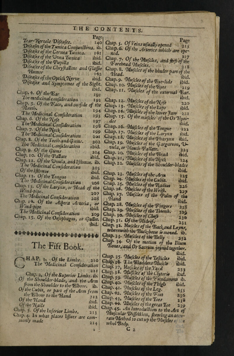Tear-7iernelf Difeafes. ’ 140 T)ifeafe$ of the Tunicii C onjunUiva. ib. of the Cornea, T^unica, i4i ^ifeafei of the Vvea Tunica ibid. Difiaref of the fPupiUa ibid. and qiajfte 142 opened Arteries which are ope^ '^^f^afisoftheOptklCKerve »bid. Chap.p. ^r/efc/nf+^.or ka ’Difeafes and Sympiomej of the Sight. Chap. lo. ‘difcle/of,h^'‘’'^ ’afo Chap. 4. Of thenar *191 ^bifcles of the external ^ar. The medicinal confideration 19 j Chip. 12. ^Mufclei a fthotnn r ChJ; .5. oAtlfii:^Ttb!o7-Hyp^ 198 Chap. 16. mfclej of the Tongue ‘aw 199 Chap. 17. ^iufcUf of the Larynx ibid. 291 ^fetexofthetpharynx ibid. 202 Chap. ip. ‘^jclexofthe qarpareontl)- thii..vula, or‘Mouth Vallate. 223 —H. w. .w‘rziu^iw -^P^ ^^^P-^o-^fclexoftheVead ibid. ita;iS£0 s -«• t^Oi Chap.6. The^edicinal Conftderation Chap. y. Of the Tleck^ The Medicinal Conf deration Chap. S. Of the Teeth and Q urns. Jbe 'Medicinal Confideration Chap. 9. Of [fjg Qiiffjj Chap. 10. Ofthe'^PaUate The Medicinal Conftderati on 208 ^^sra Mrteria, or f^miTpipe^ V Ibid. , The Medkinal Confideration 200 nap. 15. Of the Oefopba^us, or QuUeu ibid. yfmnd ' ibid. 0iap,28. ^^fcUiefthe^ingerj 228 C^p.29. ^0k,oftbeThumb. • aii Ctap. 30. mfitexofCh^ ijZ ^P-}t, Ofebemdrif, ~ 231 Ctop. 32. }^Sckxofihe<BackyMilj,ynf, rhT„ « nuyuei!%. ^P*3S. ^fektofthe^BeUy 23a Ch^ 34. 0/!t£,« matim of Ilium JdamstOXi^Qf Sacrum joynedu^tb^, ^HAP. i. Of the Umbx..' 2ig( |id. C The ‘Medicinal Confideration cl^: if, tf. Chap ,, OftheSuperiorLimbxAl 0/ the Shoulder-blade and the Mrm ru Jl ^«wd4»iffnt ib. fromtbeShouldertlhTilbt. Z cSao 1?' OftheCubit, or part of the Arm from CbavT The Fift Book. Of the Tiand jhiej Of the nails S Mup. 3. Of the Inferior Limbs, 213 Chap. 4. l;a what places IJfues are com'- monly made 214 Chap. 44. Mufcles oftbegreat Toe 230 ^^^^‘P\'^^P^^odumon to the Art ci fomtnganaccu- Xm'dy * C 2
