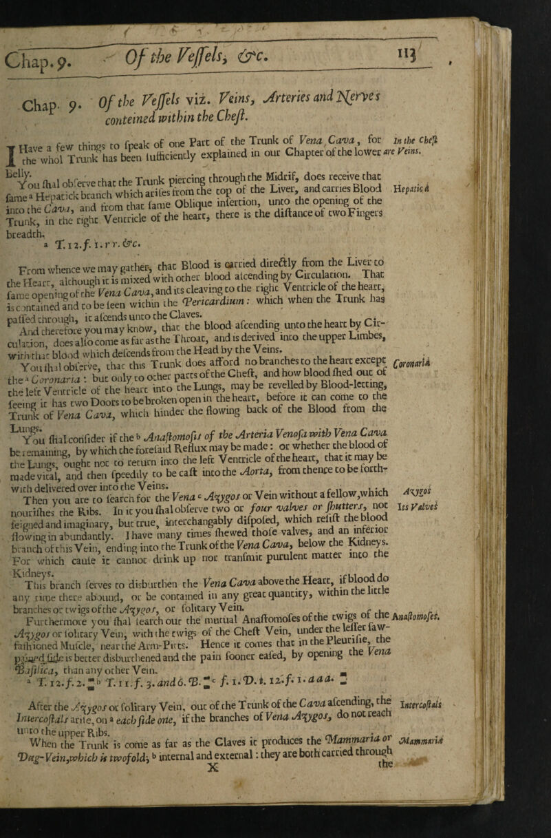 Ohap*9. ' Of the V^jfelsy I Chap. ?• Of the Vejfels viz. V6ns, Jneries mil^leryes conteined within the Chejl, r u- nf nne Parc of the Trunk of Vena Cava, for in the chcji Twhoflrarhas tee.Uuffidently explained m ouc Chapter'of the lowec arc f'aw. ’you lhal obferve chat the Tmnk piercing through the Midrif, does receive that fan«° Hepatick branch which ariles torn the top o the Liver and carries Blood .Ht,a»a fame Hepac x Oblique internon, unco the opening of the Tmnt fnTrSt Ztrl::le healt, there is the diftanceot twoFingeri breadth, a T. 12./. From whence we may gather, chat Blood is carried direaiy from the Lte td the Heart although it is mixed with other blood atcending by Circulation. That fone openiiwof the Feint Cam, and its cleaving to the eight Ventricle of the heart, isontamedandtobeleen within the ^encard.um: which when the Trunk has '^'‘StoJoie you may towfblood afeending unto the heart by Clr- cultion,doesaUbcomeasfarasthe Throat, andisdet.ved into the upper Limbes, with thit blood which defeends from the Head by the \^ins. _ Yoi i lhilobierve that this Trunk does afford no branches to the heart except the‘6oraii<jri.j; but only toother parts ofehe Chert, and how blo^ flied out of the left Ventricle of the heart into the Lungs, may be revelled by Blood-let ipg, feeing it has two Doors to be broken open in the heart, before it can come to he Trank of Fen* Cava, which hinder the flowing back of the Blood from the flial corifider if the b Ana^oMofit of the Arteria Venofa with Vena Cava be ^maining, by which the forefaid Reflux may be made: or whether the btoodrf Uie Lungs ought not to return into the left Ventricle ofeheheart, thatitnmy te madevual’, ani then fpeedily to be cart into the from thence to be forth- wichdeliveredover into che Veins. __ , , r ^ whirh Axms Then you are to learch for the Vena ^ Aygos or Vein without a fellow,which nouriflies the Ribs. In icyouflialoblerve two or four vahef or puttera, not Usvavii feigned and imaginary, but true, intercbangably dffpoW, which flowing in abundantly. 1 have many times fhewed thofe valves, and an infer ior branch of this Vein, Lding into the TrunkoftheFennCnna, below the Kidney* For which caule it caiinor drink up nor tranfmit purulenr matter into the This branch ferves to disbiirchen the Ten* C**** above the Heart, if blood do any time there abound, or be contained in any great quantity, wit in e branches or twigs of the or folitary Vein. _ n a Furthermore you ihal learch our the mutual Anaftortiofes of the twigs ot the c/4.r>po/or lolitary Vein, with the twigs of the Chert Vein, under e e faihioned Mulde, near the* Arm-Pitcs. Hence it comes that in the ‘ !/««/» paii^d tide IS better disburtliened and the pain fooner eafed, by opening thanany other Vein. ^ ^ T. 12./. 2. T. 11./. 3.I.j After the A^zyp Of or folicary Vein, out of the Ttunk of the Cava afeending, the intgrcefiiiis Intercofialimf on ^ each fide one, if the branches oiVenaA^ygos,, do not reach unto the upper Ribs. • When the Trunk is come as far as the Claves it produces the ^arwmnaor A ttvc/oldj ** internal and external I they ace both came c X