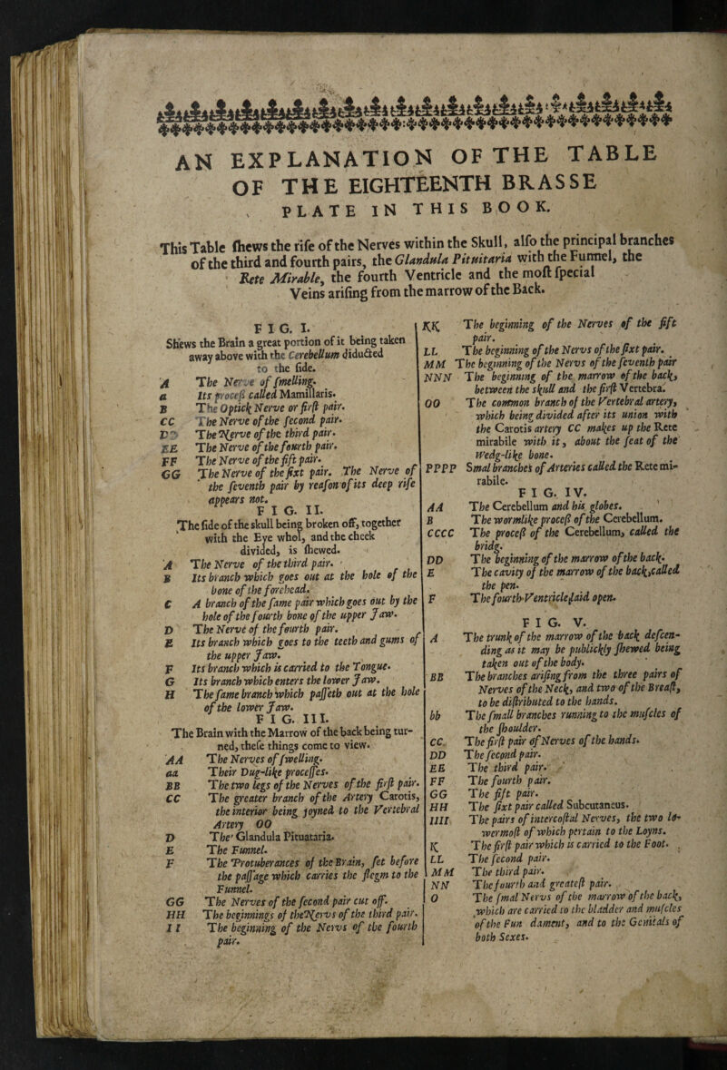 OF THE EIGHTEENTH BRASSE PLATE IN THIS BOOK. This Table (hews the rife of the Nerves within the Skull, allb the principal branches of the third and fourth pairs, the Glandula Pitftitaria with the Furmel, the Rete Mirahle, the fourth Ventricle and the moft fpccial Veins arifing from the marrow of the Back. F I G. I. Shews the Brain a great portion of it being taken away above with the Cefebellutn didufted to the fide. A ’The Nerve of fmUing^ a Its ftocef called Mamillaris. B The Nerve or fir(l pair. CC The Nerve of the fecond pair. V2> The l^erve of the third pair. EE The Nerve ojf the fourth pair. FF The Nerve of the fift pair. CG The Nerve of the fxt pair. The Nerve of the feventh pair by reafon ofks deep rife appears not. FIG. II. ^Thc fide of the skull being broken off, together with the Eve whol, and the cheek divided, is (hewed. i A The Nerve of the third pair. ■ B Its branch robich goes out at the hole of the bone of the forehead. C A branch of the fame pair which goes out by the hole of the fourth bone of the upper Jaw. D The Nerve of the fourth pair. £ Its branch which gees to the teeth and gums of the upper Jaw. F Its branch which is carried to the Tongue. G Its branch which enters the lower Jaw. H The fame branch which pajfetb out at the hole of the lower Jaw. F I G. III. The Brain with the Marrow of the back being tur¬ ned, thefe things come to view. AA The Nerves of /welling, aa Their Dug-libe proteges. BB The two legs of the Nerves of the firji pair. CC The greater branch of the Arte’iy Carotis, the interior being yoyned to the Vertebral Artery 00 V The' Glandula Pituataria. E The Tunnel. F The Protuberances of the Brain, fet before the pajfage which carries the flegm to the Furmcl. GG The Nerves of the fecond pair cut of. HH The beginnings of the'^^eyvs of the third pair. 11 The beginning of the News of the fourth pair. NK The beginning of the Nerves of the fift pair. LL The beginning of the Nervs ofthefixt pair. ^ MM. The beginning of the Nervs of the feventh pair NNN The beginning of the marrow of the bax\, between the sbuU and the fiifi Vertebra. 00 The conmon branch of the Vertebral artpy, which being divided after its union with the Carotis artery CC mabes up the Rete mirabile with it, about the feat of the' Wedg-Ube bone. PPPP Smal branebei of Arteries caUed the Rete mi¬ rabile. FIG. ly. A A The Cerebellum and his globes. B The wormlibc procef of the Cerebellum. CCCC The procef of the Cerebellum, called the bridg. DD The beginning of the marrow of the bacb- E The cavity of the marrow of the baebiCaOed the pen. F Thefourth-Venmclefaid open. F I G. V. A The trunbofthe marrow of the bacb defeen^ ding as it may be publicbly Jhewed being taben out of the body. BB The branches arifing from the three pairs of Nerves of the Necb, and two of the Breafl, to be di(tributed to the hands. bb The fmall branches running to the mufcles of the fhoulder. ■ CC. The firfi pair (}f Nerves of the hands. DD The fecond pair. EE The third pair. FF The fourth pair. GG The fift pair. HH The fixt pair called Siihcvxintus. 1111 The pairs of intercofial Nerves, the two Id' wermoft of which pertain to the Loyns. I<; The firp: pair which is carried to the Foot. , LL The fecond pair. MM The third pair. NN The fourth and greateft pair. 0 The fmd Nervs of the mmow'of the bacb, ^which are carried to the bladder and mufcles of the Fun d.xment, and to the Genitals of both Sexes.