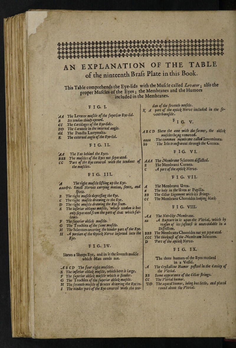 an explanation of the table of the ninteenthBrafs Plate in this Book. This Tible comprehends the Eye-lids with the Mufcle called Ltvmr. alfo the proper Mufcles of the Eyes; the Membranes and the Humors included in the Membranes* P I G. I. ^ ’AA The Ltmov mufcle of the fu^eri or Eye-lid. B Its tendon thinly opened. CC The C milages of the Eyelids. PD The Cctfunck in the internal angle, dd The Punfta Lacrymalia. E The external angle of the Eye-lid. FIG. II. A A The Fat behind the Eyes. BBS The mufcles of the Eyes not feparated. CC Tart of the Eye covered with the tendons of the mufcles. FIG. III. The right mufcle lifting up the Eye. fiaa&c. Small Nerves carrying motiont fences and ^irit. B The right mufcle depiejftng the Eye. C The right mufcle drawing to the Eye. V The right mufcle drawingthe Eye from. B The inferior oblique mUfcle, ''whofe tendon is but only feparated from the pm of that which fol¬ lows. F ThefuperioY oblic\ mufcle. G The Ttochkdi of the fame mufcle. H The Sclerotes covering the hinder pm of the Eye. JI .A portion oj the Optick Nerve inferted into the Eye. F I G. IV. Shews a Sheeps Eye, and in it the feventh mufcle which Man needs not. xAbCD The four right mufcles. E The inferior oblic\ mufcloy which here is large. F The fuperior oblic^ mufcle which is (lender. G The Trochlea of the fuperior oblick mufcle. H The feventh mufcle of Brutes drawing the Eye to. I The hinder part of the Eye covered with the ten¬ don of the feventh mufcle. N, A part of the optick Nerve included in the fe- ventrhmufcle. ^ I G. V. / ABCD Shew the ame with the former} the oblic^ mufcles bejHg removed. aaaa The common membrane caUedhmomina.tt. bb The Iris tranfparent through the Cornea. FIG. VI. « AAA The Sdemirrane Sclerotes diffeSted. B The Membrana Cornea. C .A part of the optidi Nerve. F I G. VII. A The Membrana Uvea. a The hole in the Uvea or Pupilla. BB The Ciliar Ligament with its firings. CC The Membrana Choroides looking black. F I G. VIII. ^A The Net-like <^embrane. aa *A Rupture in it upon the Vitriol} which by re^on of its joftnef is unavoidable in a Viffeblion. BBB TheMemhnadLChovoidesnotyetJepicrated. CCC The thicknef of the CMemhrawe Sclerotes. D Tart of the optick Nerve. FIG. IX. The three humors ofthc Eyes received in a VclTcl. .A The Crydalline Humor pofted in the Cavity of the Vitriol. BB Some appeafance of the Ciliar firings. CC The Vitriol humor. T>D The aqueal humor} being but littlC} and placed round about the Vitriol.