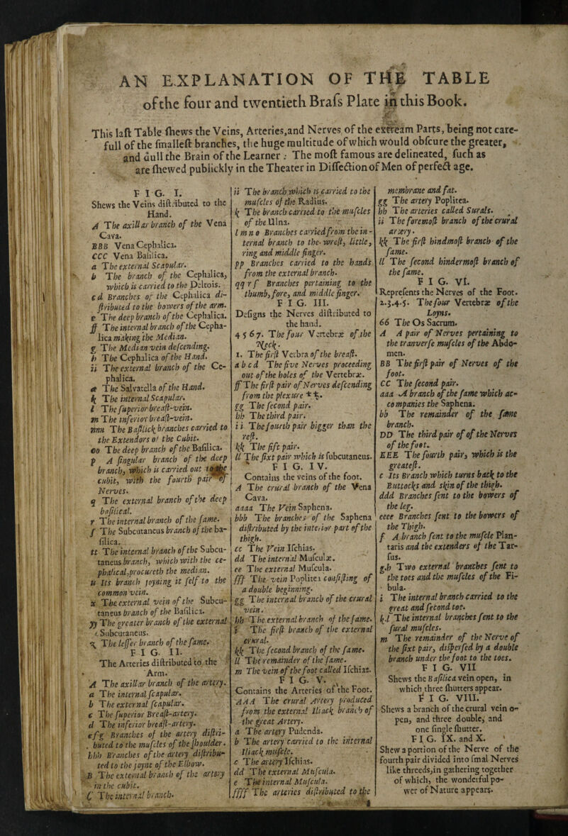 ofthc fourand twentiethBrafs Plate in this Book. This lafl: Table (hews the Veins, Arterie5,and Nerves of the exffeam Parts/being not care- full of the fmalleft branches, the huge multitude of which wOuld obfcure the greater, and dull the Brain of the Learner; The moft famous arc delineated, fuch as are (hewed pubiickly in the Theater in Difledlion of Men of perfed age. TIG. I. Shews the Veins diftLibuted to the Hand. /i The axlIUr branch of the Vena Cava. B8B VenaCephalica. CCC Vena Balilica. a The external Scapular^ b The branch of the Cephalica, which is carried to the Dcltois. c d Branches of the Ccphalica di- flribmd to the bowers of the arm. t The deep branch of the Cephalica. The internd branch of the Cepha- lica making the Median, g The Median vein defcending. % The CcphiliceL of the Hand, ii The external branch of the Cc¬ phalica. a The Salvatella of the Hand. The internal Scapular. I Thefuperiorbrea(i-vebi. mThe inferior bre aft-vein, mn The Bafiick. branches carried to the Extendors of the Cubit. CO T be deep branch of the Bafilica. p A fingular branch of tlae deep branch, which is carried out cubit, with the fourth paif^of Nerves. q The external branch of the deep bafUical. r The internal branch of the fame. / The Subcutancus branch of the ba- filica. tt The interna), branch of the Subcu- taneus branch, which with the ce- pha/ical,procureth the median, u Its branch joyning it felf to the common'vein. X The external vein of the Subcu- taneus branch of the Bafllica. yy The greater branch of the external Siibcutaneus. ^ The leffer branch of the fame. F I G. II. The Afterics diftributed to, the ■ Arm. A The axillar branch of the artery, a The internal fcapular. ■ b The external fcapular. € The ftiperior Breaft-artery. d The inferior bredft-artery. efg Branches of the artery diftri- . buted to tlK mufcles of the jhoulder. hhh Branches of the artery diftribu¬ ted to thejoynt of the Elbow. B The external branch of the art&ry in the cubit. C The internal branch. n The hranth which is carried to the mufcles of die Radius. k The branch carried to the mufcles of the Ulna. Imno Branches earned from the in - ternal branch to the-wreft, little, ring and middle finger, pp Branches carried to the hands from the external branch, qqrf Branches pertaining to the thumb, fore, and middle finger. FIG. III. Defi jns tlje Nerves diftributed to the hand. 4567. The four Vertebrae of the 'tfjek- I. Thefirft Vcibra of the breaft. abed The five Nerves proceeding out of the holes of the Vertebra. fThe firfi pair ofNei'ves defcending from the plexlire Ig The fecond pair, hb The third pair, ii The fourth pair bigger than the reft. kk The fife pair. IL The fixt pair which is fubcutaneus. *• F I G. I V. Contains the veins of the foot. ■.A The crural branch of the Vena 1 Cava. aaaa The Fein Saphenz. bbb The branches of the Saphena diftributed by the intciior part of the thigh. cc The ifehias. dd The internal NtwfcnXx. ce The external Mufcula. fff The vein Poplite.r confifting of a double beginning, gg The internal branch of the crural vein. bb 'The external branch of the f ame. I The fir It branch of the external crural. kk The fccond branch of^ the fame. II The remainder of the fame. m The vein of the foot called Ifchias- F I G. V. ^ Contains the Arteries of the Foot. AAA The crural Artery produced from the cxtern.al liiack bramhof the great Artery, a The artery Pudenda. b The artery carried to the internal Iliack miifclc. c The artery Ikhhs. dd T he external Mnf :ula. e The internal Mufcula. ffff The arteries diftributed totfie ''t'.- ■■ '“I membrane and fat. gg The artery Poplitca. hh The arteries called Stirals. ii Theforemoft branch of the crural army. kk Thefirft hindmoft branch of the fame. ll The fecond hindermofl branch of the fame. F I G. VI. I Reprefents the Nerves of the Foot. x.3.4.5. The four Vertebrae of the Loyns. 66 The Os Sacrum. A A pair of Nerves pertaining to the tranverfe mufcles of the Abdo¬ men. BB The firfi pair of Nerves of the foot. CC The fecond pair, aaa .A branch of the fame which ac.- companies the Saphena. bb The remainder of the fame branch. DD The third pair of of the Nerves of the foot. EEE Thefoienh pair, which is the greatefl. c Its Branch which turns back to the Buttocks and slftnof the thigh, ddd Branches fent to the bowers of the leg. eeee Branches fent to the bowers of the Thigh. f A branch fent to the mufcle Plan- taris and the extenders of the Tar- fus. g.h Two external branches fent to the toes and the mufcles of the Fi- • bula. i The internal branch carried to the {ireat and fecond toe. k-l The internal branches fent to the fur a) mufcles. m The remainder of the Nerve of the fixt pair, diifierfed by a double branch under the foot to the toes. F I G. VII Shews the B afilica vein open, in which three ftiutters appear. I G. vni.' Shews a branch of the crural vein pen, and three double, and one fingle ihuttcr. F I G. IX. and X. Shew a portion of the Nerve of the fourth pair divided into fmal Nerves like thrcedsjin gathering together of which, the wondevful po¬ wer of Nature appears-
