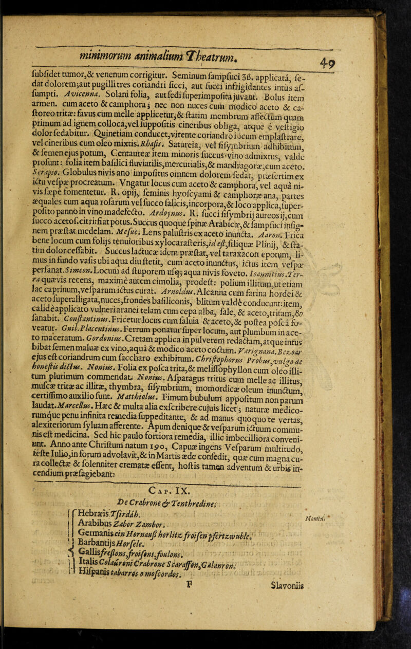 lubfidet tumor,& venenum corrigitur. Seminum fampfuci iibapplicata feT dat doloremjaut pugilli tres coriandri ficci, aut fuca infrigidantes intus af- fumpti. Aviccnna. Solani folia, autfedifuperimpofita juvant. Bolus item armen. cum aceto & camphora $ nec non nuces cum modico aceto &ca- floreo trita?.; favus cum meile applicetur,deflarim membrum affedfumquam primum ad ignem colloca5veliuppo{itis cineribus obliga, atque t veltioio dolor fedabitur. Quinetiam conducet,virente coriandro locum emplaftrare vel cineribus cum oleo mixtis..RAt/w, Satureia, vel fifymbrium adhibitum’ & lemen ejus potum, Centaurea? item minoris fuccus* vino admixtus valde profunt: folia itein bafilici fluviatilis,mercurialis,& mandragoricum aceto Serajno. Globulus nms ano impolitus omnem dolorem fedat, prarferumex i£tji vefpae procreatum. Vngatur locus cum aceto & camphora, vel aqua ni- visilupe fomentetui. R. opij5 feminis hyofcyami& camphora ana, partes aquales cum aqua rofarum velfucco falicis,incorpora,& loco applica,fupcr- pofito panno in vino madefedfo. Ardojnus. R. fucci lifymbrij aureos ij,cum luceo acetof.citrnfiatpotus.Succus quoque fpina? Arabica?, & fampfuciinfig- nem prsftat medelam. Mefites Lens paluftris ex aceto inundfa. Aaron. Frica bene locum cum folijs tenuioribus xylocarafleris^r/ZiliquarPlinij, &fta- tim dolor cenabit. Succusladluc®idem pratftat,veltaraxacon epotum li¬ mus infundo vaiis ubi aqua diu ftetit, cum aceto inunftus, idtus item vefoe perlanat.57/»c0».Locum ad ftuporem ufq; aqua nivis foveto. Iomnitius.Tcr- «qu.vvis lecens, maxime autem cimolia, prodeft: polium illitum,ut etiam lac caprinum vefparum ldus curat. Amoldus. Alcanna cum farina hordei & acetofuperalligata,nuces,frondesbaliliconis, blitum valdiconducunnitem calide applicato vulneri aranei telam cum cepa alba, fale, & aceto,tritam,&' ianabit. Cd»/a»n»^.Friceturlocuscumfaluia &aceto,& pofteapofcafo¬ veatur. Gml.Placentimts. Venum ponatur fuper locum, aut plumbum in ace- to maceratum. Gor domus .Cretam applica in pulverem redadfam,atque intus bibat lemen malu* ex vino,aqua & modico aceto coiftum. ejus eft coriandrum cum faccharo exhibitum. Chrifiofhorm r robus vulrode honefiis dUtsu. Nonius. Folia ex pofcatrita,& meliffophyllon cum oj eo illi¬ tum pltnimum commendat. Nonius. Afparagus tritus cum melleae illitus mifa trita ac illita, thymbra, fifymbrium, momordic* oleum inundtum’ certilfimo auxilio fiint. Matthiolus. Fimum bubulum appofitum non narum hxsM.Mtrcetlm. Hatc & multa alia exferibere cujuis licet; natura; medico- rumque penu infinita remediafuppeditante, &ad manus quoquo te vertas alexitenorum fyluam afferente. Apum denique & vefparum idf uum commu¬ nis eft medicina. Sed hic paulo fortiora remedia, illic imbecilliora conveni- unt. Anno ante Chriftum natum ipo, Capus ingens Vefparum multitudo, tefte Iuho,in forum advolavit,& in Martis sde confedit, qus cum magna cu- racolledte & folenmter cremat® effenr, hoftis tamen adventum & urbis in- certarum pmagiebanb ! C A Pe IX* BeCrabrone & Twthredine; Hebrads 'Tfirddh. Arabibus Zabor Zambori Germanis ein H ornau^ horlltz froifenpfertzvpuble^ j BarbantijsH^/f. l! Galiis//^ons^froifmsjouions. * 1 !rrS Co}aurom Crabrone S caraffon^ Gdanron* * oiipanis tabarres o mofeordos. F 49 Nomen. I R l < Slavoniis