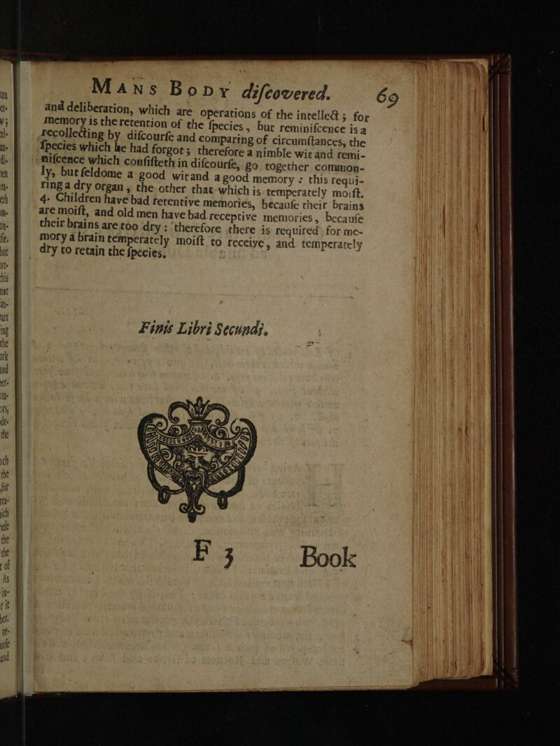 and deliberation, which are O memory is the retention of the fpecies, but reminifcence is a recollecting by difcourfe and comparing of circumitances, the {pecies which lke had forgot; therefore a nimble wit and remi- » 80 together common- ly, but feldome a good wirand agood memory &lt; this requi- ring a dry organ, the other that which is -temperately moift, 4- Children have bad retentive memories, becaufe their brains are moift, and old men have bad receptive memories, becanfe their brains are too dry : ‘therefore there is required’ for me- mory a brain temperately moift to receive, and temperately dry to retain the fpecies, | Finis Libri Secundi. wean te ee a ae qs SA ENT a a ASA RIAA TSAR 8 8 ne A 2 LA UNNA A age eSATA NII iat HSN OPENERS FANE RAHN in