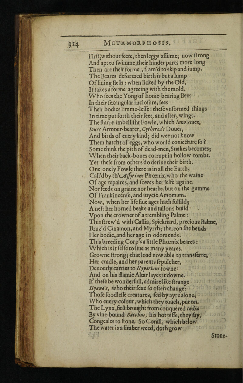 * Meta morphoSI 5. Firftgwithout fectC;, then leggs aflumci now ftrong < And apt to fwimme^their hinder parts more long Then arc their former, fram’d to skip and iump. The Bearcs deformed birth is but a lump Of liuing flcQi: when licked by the Old, Ittakesaforme agreeing with thcmold. Who fees the Yong of honie-bearing Bees In their fexangular inclofure, fees Their bodies limmc-lcflc: thefc vnformed things In time put forth their feet, and after, wings. The ftarrc-imbelliflit Fowlc, which /«»^loucs, loues Armour-bearer, Cythereas Doucs, And birds of cuery kind; did wee not know Them hatcht of eggs, who would conieftdre fb ? Some think the pith of dead-men,Snakes becomes; When their back-bones corrupt in hollow tombs. Yet thefe from others do dcriuc their birth. One oncly Fowlc there is in all the Earth, / Call’d by th’od[j(^r/4;?i Phoenix,who thcwainc Of agcrcpaircs,andfoW€s herfclfc againc. Nor feeds on graine nor hcarbs, but on the gumme Of Frankincenfc, and iuyeie Amomum. Now, when her life flue ages hathfulfildi A neft her horned beakc and callons build Vpon the crownct of a trembling Palme: Thisftrew’d with Caflia, Spicknard, precious Balmc, Bruz’d Cinamon,and Myrrh; thereon flic bends Her bodic,andhcragc in odorsends. This breeding Corp’sa little Phoenix bearcs: ^ Which is it felfc to Hue as many ycarcs. Grownc Itrong; that load now able to transferre; Her cradle, and her parents fcpulchcr, Dcuoutly carries to to wnc: And on his flamieAltarlaycsitdowne. If thefe be wonderfull, admire like ftrangc - ; v who theirfexclboftch change; - ^ ’ Thofe foodlcflc creatures, fed by ayre alone; Who euefy colour, which they touch, put on. The Lynx brought from conquered India By vine-bound Bacchusy his hot piffe, they fay, Congcalcs to ftonc. So Corall, which below The water is a limber weed, doth grow Stone- OBAOSatS .3H