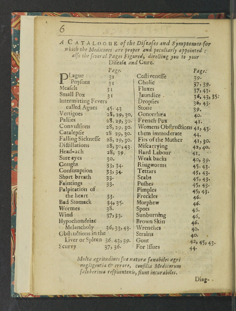 A Catalogue of the Difeafes and Syniptomes for which the Medicines are proper and peculiarly appointed ; aljo the fever al Pages Figured, directing yen to your Difeafe and Cure. 9 I Page- Lague Poyfons , Meafels 3 j Small Pox 31 Intermitting Fevers called Agues 45. 43 Vertigoes '28,29., 30. Paliies 28,29,30. Convulfions 28,29,30. Catalepfie 28 29, 30. Falling Sickneffe 28, 29,30. Diftiilations 28,30,43. Head-ach 28, 39. Sore eyes • 30. Coughs 33s 34* Confumption 33,34. Short breath 33. Faintings 33. Palpitation of the heart 33. Bad Stomack 34* 3 5* Wormes 38. Wind . 375 33- Hypochondriac Melancholy 36,33,43. Gb(h nations in the Liver or Spleen 36, 43,39. curvy 37,36. Cofdvcnefle Cholic Fluxes Jaundice Drop lies Stone Gonorrhea French Pox Page; 39- 37> 39- 375 43* 3*> 435 35 3*5 43* 39. 40. 4i- c V- Womens Obftrunions 41, 43. them immoderate 44. Fits of the Mother 41,50. Mi (carrying 42*40. Hard Labour 41. Weak backs 40*39. Ringworms 45,43- Tettars 45,43. Scabs 4^42. Pulhes 45,43. Pimples 45,43. Freckles 46. Morphew 46. Spots 45. Sunburnfng 0t Brown Skin 46. Wrenches 40. Strains 40. Gout 42) 45,43 rorlliues 44. Mult a; cegritudincs fun natura fanahiles £gri -ne git genii a & errore> confilia Medicorum faluherima refp’uenteni^fiunt incur abilcs.
