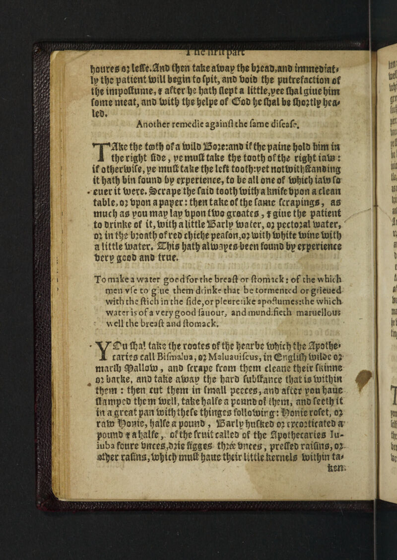 homes a; te£e.3no then take atoap tfje bjeao.ano immeofat< the patient toill begin to fpit, ano boio the putrefaction of the impottume, % after h* hath flept a little,pee fijalgiue him feme meat, ano Untf? tije helps of Ctoo l;c lb a l be fibojtlp ljca< leo. Another remcdie againfl the fame difeafc\ T3kc tf)c tenth of a toilo HBojetano if the paine boio him in the right fioe.pe mutt take the tooth of the right iato: if othertoife, pe mutt take the left toofhtpet nottoithttanoing it hath bin fount) bp experience, to be all one of tohich iato fo cuer it toere. Scrape the fate tooth toith a hnifebpon a clean table, o; bpon a paper: then tahe of the fame ferapings, as much as pou map lap bpon ttoo groates, f giue the patient tobrinlse of it, truth a little IBarlp toater, 03 pectojal toater, 0: in the bjont h of reo chiche peafon,oj toith tohite toine toith a little toater, Shis hath altoapcs been founb bp experience berp goon ano true. Tomakeawatcr goedforthebreaflor flonvtckrof the which men vfeto g.ue them drink; that be tormented orgrieued with the ftich in the tide,or pieureuke spofiumesuhe which waccr is of a very good tauour, and mundifieth maruellous well the breaft and ttomack. YS'u Sha! take the rootes of the bcarbe tohich the 3pothe' caries call Bitrnalua, ojMaluauifcus, in C'ngltfh toiloc 0? niat il) spallato, ano ferape from them cleane their fisinne t ojbarke, ano take atoap the harO fubttance tljatistoithin them : then rut them in fmall peeces, ano after pouhaue ttampeo them toell, takehalfe a penno 0! them, anb feeth it in a great pan toith thefs thinges follototxg: ©onterofet, oj rate !ftome, halfe a pouno, S5arlp hufkeo oj cxcojticafeo a’ potmSf afalfe,. of tf>c fruit calico of the Apothecaries Iu- iuba fonre b trees,ojie figges thr® bnces, preffeo raifins, oj- other rattns,tohich mutt fjaue their little kernels toiihin ta< . - . : ken.