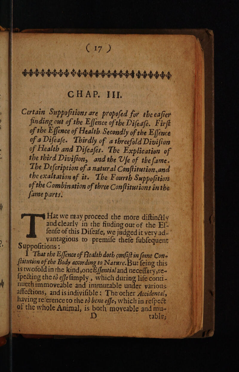 Ori) Certain Suppofitions are propofed for the eafier finding out of the Effence of the Difeafe. Firft of tbe Effence of Health. Secondly of the E (fence of a Difeafe. Thirdly of a threefold Divifion of Flealth and Difeafes. The Explication of the third Divifion, and the Ufe of the fame. The Defcription of a natural Conflitution and the exaltation of it. Tbe Fourth Suppofttion of the Combination of three Conftitutions inthe fame parts. Hat we may proceed the more diftin&amp;l« andclearly in the finding out of the Ef- ! fenfe of this Difeafe, we judged it very ad- .. yantagious to premife thele fubfequent Suppofitions : 1 That the Effence of Health doth confifl in fome Cons flitution of the Body according to Nature.But feing this is twofold in the kind,oneE/fential and neceffary,re- | {petting the zd effefimply , which during life conti- | nuethimmoveable and immutable under various | affections, and isindivifible: The other Accidental, | having re'erence to the td bene effe, which in refpect 9f the whole Animal, is both moveable and mu- Eu rne D E table;