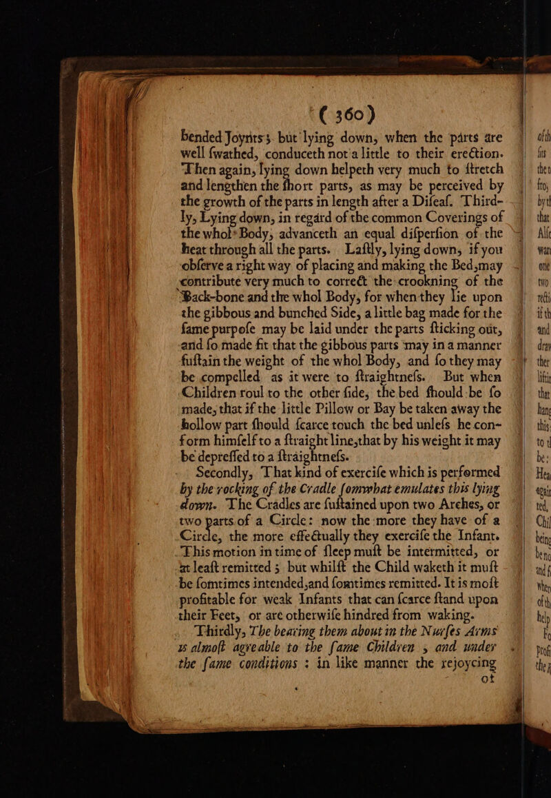 Sa Ls ero qx eagle reese ii Donna ee ERR : neni 4 bended Joyritss. but lying down, when the parts are well fwathed, conduceth not'a little to their erection. ‘Then again, lying down helpeth very much to ftretch and lengthen the tho rt parts, as may be perceived by the growth of the parts in length after a Difeaf. Third- ly, Lying down, in regard of the common Coverings of the whol*Body, advanceth an equal difperfion of the heat through all the parts. Laftly, lying down, if you obferve a right way of placing and making the Bed,may Back-bone and the whol Body, for when they lie upon the gibbous and bunched Side, a little bag made for the fame purpofe may be laid under the parts fticking out, and fo made fit that the gibbous parts ‘may in a manner fuftain the weight of the whol Body, and fo they may be compelled as it were to flraightnefs. But when Children roul to the other fide, the bed fhould:be fo made, that if the little Pillow or Bay be taken away the hollow part fhould ícarce touch the bed unlefs he.con- form himfelf to a ftraight line,that by his weight it may be depreffed to a ftráightnefs. Secondly, That kind of exercife which is performed by tbe rocking of the Cradle [omyebat emulates this lying down. The Cradles are fuftained upon two Arches, or two parts. of a Circle: now the more they have of a Cirde, the more effe&amp;tually they exercife the Infant. E his motion in time of fleep muít be intermitted, or atleaft remitted 5. but whilft the Child waketh it muft be fomtimes intended,and fomtimes remitted. It is moft profitable for weak Infants that can {carce ftand upon their Feet, or are otherwife hindred from waking. Thirdly, The bearing them about in the Nucfes Arms z5 almoft agreable to the fame Children 5 and wader the fame conditions : in like manner the rejoycing ot