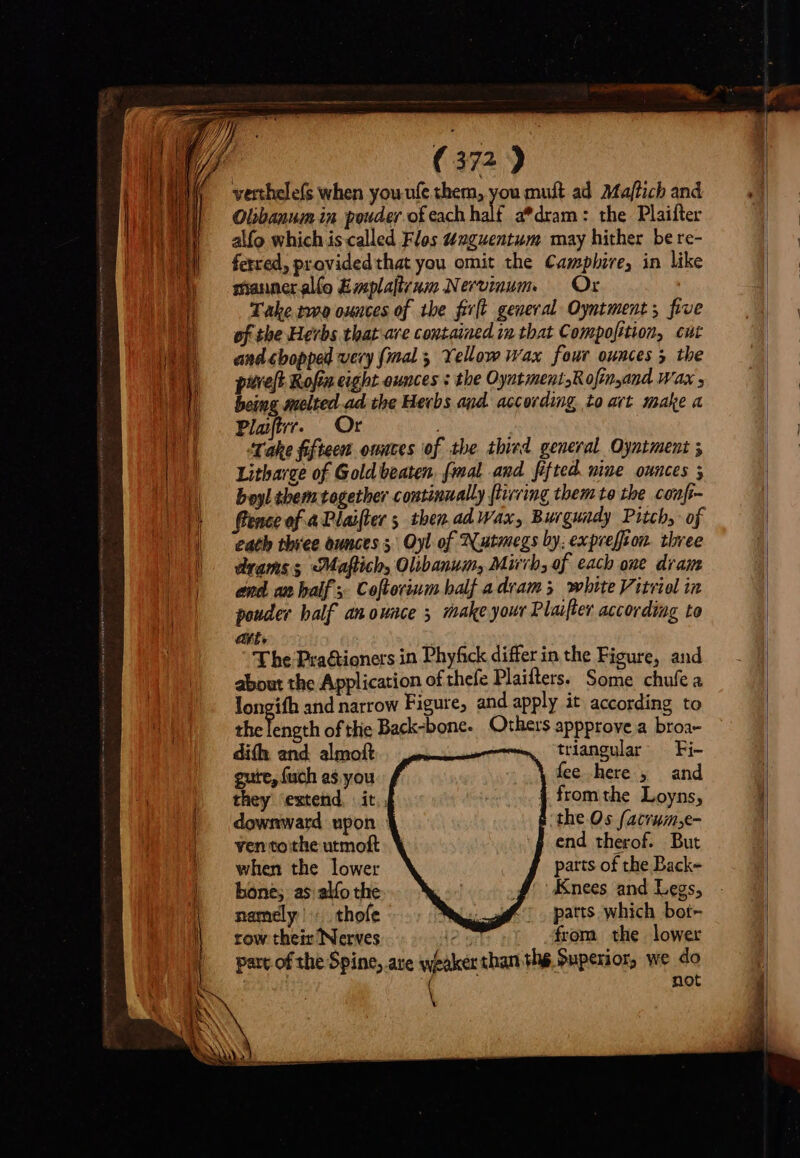 verthelefs when you ufe them, you muft ad Majtich and Olibanum in pouder ofeach half a*dram : the Plaifter alfo which is called Flos wuguentum may hither be re- ferred, provided that you omit the Camphire, in like mannerallo Emplalicam Nervinum Or Take two ounces of the firlt general Oyntment ; five of the Herbs that: are contained im that Compofition, cut and chopped very {mal , Yellow wax four ounces 5 the pivelt Kofra eight ounces : the Oyntment,Rofin,and Wax , being melted ad the Herbs and according, to art make a Pluftrr. Or | “Take fifteen onaces of tbe 1bied. general Oyntment 5 Litharge of Gold beaten. (mal and fifted. mine ounces 5 boyl them together continually flirring them to the confi ence of aPlaifter 5 then.ad wax, Burguady Pitch, of cath thiee ounces 3 Oyl of Nutmegs by; expreffion. three drams s Maftich, Olibanum, Mirrh, of each one dram end an half ;- Coftorinm balf a dram 3 white Vitriol in pouder half an ounce 5 make your Plaifter according to e&amp;t, The Pra&amp;tioners in Phyfick differ in the Figure, and about the Application of thefe Plaifters. Some chufe a longifh and narrow Figure, and apply it according to the ength of the Back-bone. Others appprove a broae difh and. almoft . triangular. Fi- gute, {uch a$ you fee here , and they extend | it. fromthe Loyns, downward upon 14 8 the Os (acrum,e- ven to the utmoft | end therof. But when the lower parts of the Back- bone; as alfo the Knees and Legs, namely thofe gf pats which bot- row their Nerves i25 from the lower part of the Spine, are weaker than the, Superior, we do t not