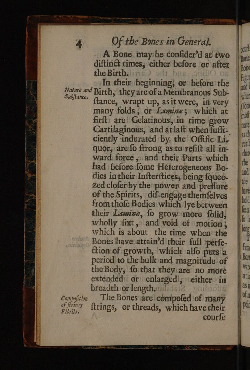 Ie ta Nature and Subftance. Compofition of firinzy Fibrils. Of the Bones in General. A Bone. may: be confider’d at two diftinét times; either before or after the Birth. te In their: beginning, or before the Birth, they areof a Membranous Sub- ftance, wrapt up, asit were, in very many folds; or \Lawmine; &gt; which at firft; are’ Gelatinous, in time: grow Cartilaginous, and atlaft when fufi- ciently indurated ‘by, the Offific Li. quor, areifo ftrong as:to refift all in- ward force ,: and their Parts which had » before: fome Heterogeneous Bo- dies in their Infterftices; being fquee- zed cloferby the power and preflure of the Spirits, diftengazethemfelves from thofe Bodies which. lye between their Lamine, fo grow more folid; wholly ‘fixt , and void of motion} which is about the time when’ the Bones have attain’d their full perfe- Ction.of growth, ‘which alfo puts'2 period! to the bulk and magnitude: of the Body, fo that they:are no more extended: or enlanged'; either in breadth or lengthy): The Bones are compofed of many {trings, or threads, which have their courfe