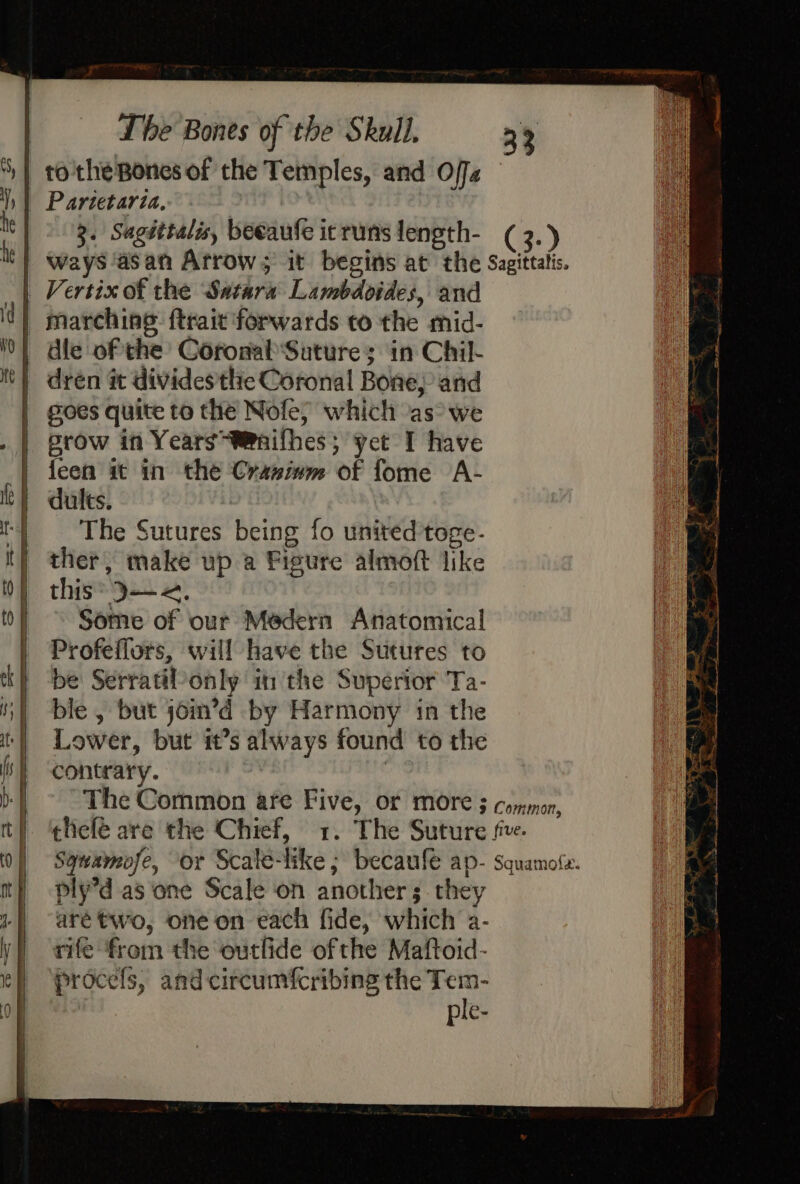 to the Bones of the Temples, and Offa | Parietaria, 2 3. Sagsttalis, beeaufe itrunslength- ( 2. ways ‘asan Arrow; it begins at the Sagittalis. | Vertix of the Satara Lambdoides, and | marching: ftrait forwards to the mid- 0] dle of the’ CoronalSuture s in Chil- drén it dividestlie Coronal Bone; and goes quite to the Nofe; which as we prow in Years“WPaifhes; yet I have feen it in the Cranimm of fome A- dults. : The Sutures being fo united toge- ther, make up a Fisure almoft like this ® J-- 2. Some of our Mé@dern Anatomical Profeflors, will have the Sutures to be SerratiPonly inthe Superior Ta- ble , but join’d by Harmony in the Lower, but it’s always found to the contrary. The Common are Five, or more $ common, thelé are the Chief, 1. The Suture fre. Sqnamofe, or Scate-like ; becaufe aD- Squamofe. ply’d.as one Scale on another; they aré two, one on each fide, which a- rife from the outlide ofthe Maftoid- procefs, and circumfcribing the Tem- ple-