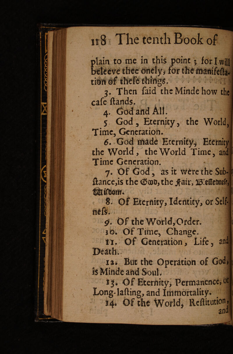 -0 * ' it% The tenth Book of X f > >lain to me in this point • for I will rlffS « =. . 2 ji ir: H ii v* *****--*d 3. Then faid thcMindehow the cafe {lands. 4. God and All. 5 God, Eternity, the World, Time, Generation. 6. God fifi&de ]_/ y. __. the World, the World Time, and Time Generation. 1 7. Of God, as it were the Sub- ftance,is the <$odo, the jfair, )13!effetineff, t&*foorJr. 8. Of Eternity, Identity, or Self* 9. ur the world,Order. 10. Of Time, Change. M. Of Generation, Life, and; 1 • :a. But the Operation of God ^ vy VMl » 13* Of Eternity, Permanence, or Long-lading, and Immortality. | 14. &f the World, Reftitution, and