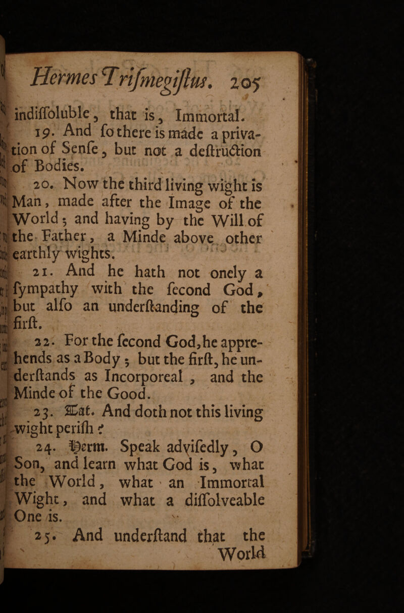 0 fmegijm, 205 ^ indiifoluble , that is. Immortal. 1/ ip- And fo there is made a priva¬ tion of Sente, but not a deftru&ion !fl, .of Bodies. ; ./ . H- 20. Now the third living wight is I Man, made after the Image of the iWorld 5 and having by-the Will of it the Father, a Minde above other nit earthly wights. ai| 21. And he hath not onely a ([[-fympathy with the fecond God,' II but alfo an understanding of the i firft* v ' ; . ,j| 22. For the fecond God,he appre- J hends as a Body 5 but the firft, he un- derftands as Incorporeal , and the Minde of the Good. | 23. SCat. And doth not this living • wight perilh i I 24. Ipsrm. Speak adyifedly, O J Son, and learn what God is, what |the World, what • an Immortal | Wight, and what a dilfolveable & One is. y ! 1 25.' And underftand that the Worlrl