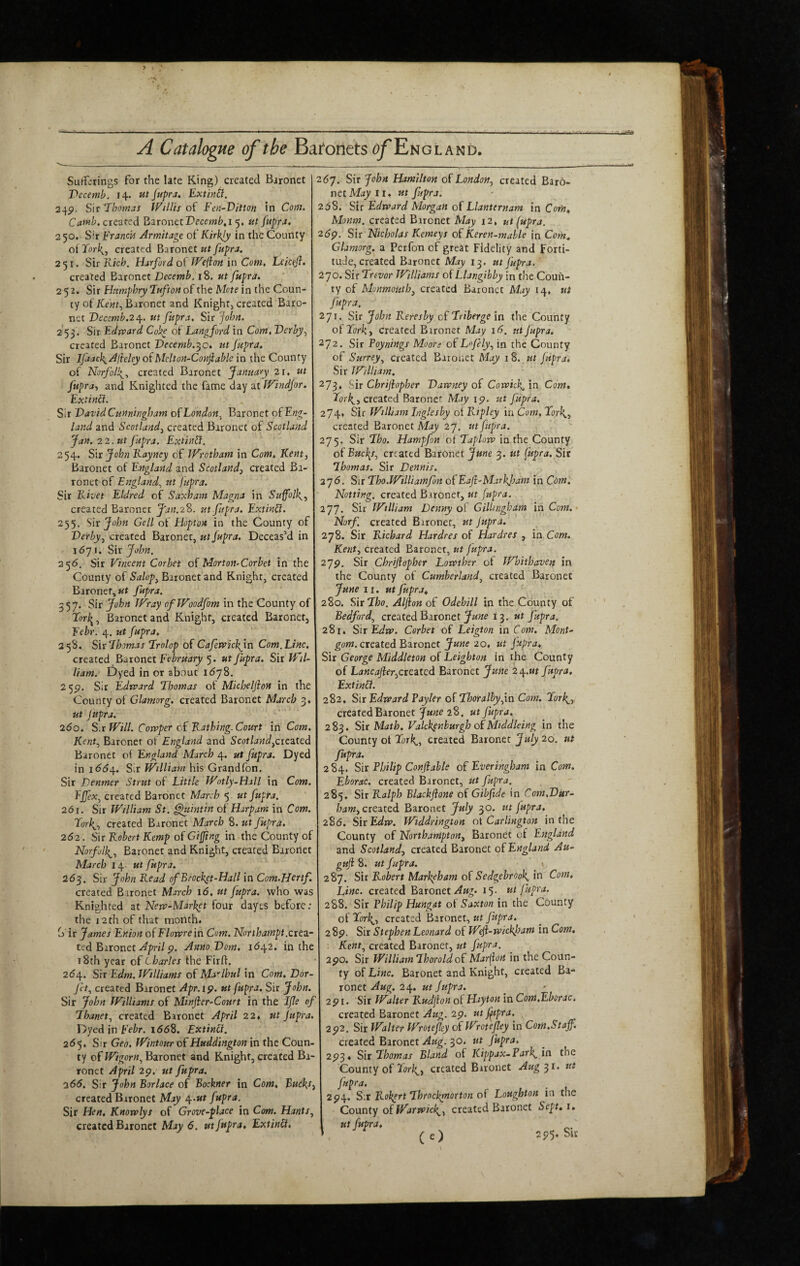 Sufferings for the late King) created Baronet jyecemb. 14. ut jupra. Extinti. 24^. Sir ‘Thomas Willis of Fen-Vitton in Com. created Baronet Decern^, i 5, ut fupra. 2 50. Sir FrancU Armitage of Kirkjy in the County oi Tork^j created ^itonct ut fupra. 251. Sir Kic^. Harford o( Wefton in Com, Leictfl. created Baronet Decemb.i%, ut fupra. 252. Sir Humphry Tufton of the Mote in the Coun¬ ty of Km, Baronet and Knight, created Baro¬ net Decemb.2i\.. ut fitpra. Sir John. 253. Sir Edspard Coke ot Langford in Com, Derby-, created Baronet Decemb.^o, ut Jkpra. Sir Ifaack^AlhleyoiMclton-Confiable in the County of Norfolk^, created Baronet January 21, ut fupra-, and Knighted the fame day at Windjor. ExtinCt. Sir David Cunningham o^London, Baronet oiEng- land and Scotland^ created Baronet of Scotland Jan. 22. ut fupra. ExtinVl. 254. Sir John Kayncy of Wrotham in Com, Kent, Baronet of England and Scotland, created Ba¬ ronet of England, ut fupra. Sir Khet Eldred of Saxham Magna in Suffolk^,, created Baroner J~un.2%. ut fupra. Extinct. 255. T\v John Cell of Hopton in the County of Derby, created Baronet, utfupra. Deceas’d in 1671. Sir John. 256. Sir Vincent Corbet of Morton-Corbet in the County of Salop, Baronet and Knight, created Baronet, «t fupra. 557. Sir John Wray ofWoodfom in the County of Tork^, Baronet and Knight, created Baronet, Eehr. 4. ut fupra, 258. SixTbomas Trolop of Cafetvickjn Com. Line. created B^tonct February 5. ut fupra. Sir Wil¬ liam. Dyed in or about i6jS. 2 5p. Sir Edvpard Thomas of Michelfion in the County of Glamorg. created Baronet March 3. ut Jupra. 260. S.i Will. Comper of Rathing. Court in Com. Kent, Baronet ot England and created Baronet of England March 4. ut fupra. Dyed in 1(5^4. Sir William his Grand Ton. Sir Denmer Strut oi Little Wntly-Hall in Com. EJJex, created Baronet March 5 ut fupra. 261. Sir William St. ^lintin of Harpam in Com. Tork^, created Baronet March 8. ut fupra. 262. Sir Robert Kemp of Gijjing in the County of Norfolk^, Baronet and Knight, created Barortet March 14. ut fupra. 263. Sir John Read ofBcock^t-Hall in Com.Hertf. created Baronet March \6, ut fupra. who was Knighted zt Nero-Marhet four dayes before; the 12 th of that month* b ir James Enion oiFlomein Com. Northampt.ctez~ ted Eixonct April p. Anno Dorn. 1(542. in the rSth year of Charles the Firff. 2d4. Sir Edm. Williams of Mo^^lhul in Com. Dor- Jit, created Baronet Apr. ip. ut fupra. Sir John. Sir John Williams of Minjier-Court in the IJle of Thanet, created Baronet April 22. ut Jupra. Dyed in Eehr. i(5d8. Extinfi. 2(55* Sir Geo, Wintour oEHuddington in the Coun¬ ty of Baronet and Knight, created Ba¬ ronet April 2p. ut fupra. 266. Sir John Borlace of Bockner in Com, Bue\s, created Baronet May e^-ut fupra. Sir Hen, Knowlys of Grove-place in Com. Hants, created Baronet May 6. ut Jupra, Extinld. 2(57. Sir John Hamilton of London, created Baro¬ net May ii* ut fupra. 248. Sir Edrvard Morgan of Llanternam in Com, Monm. created Baronet May 12, utfupra. 26p. Sir Nicholas Kemeys oiKeren-mahle in Com, Glamorg, a Perfon of great Fidelity and Forti¬ tude, created Baronet May 13. ut fupra. ' 270. Sir Trevor Williams oiLlangibby in the Coun¬ ty of Monmouth, created Baronet May 14, ui Jupra. 271. Sir John Reresby cf Triberge in the County oiTarky created Baronet May 16. ut Jupra. 272. Sir Poynings Moore oELofely, in the County of Surrey, created Baronet May 18. ut Jtipra, Sir William, 273* Sir Chrijiopher Dawney of Cowick^ in Com, created Baronet May ip. ut Jupra. 274* Sir William tnglesby of Ripley in Com, Tor\,, created Baronet M4y 27. utfupra. 275. Sir Tho. Hampfon oiTaphm in the County o( Bucks, created Baronet June 3. ut fupra. Sit Thomas. Sir Dennis. 2^6. Sir Tho.Williamfon o^EaJi'MarhJoam in Cdm. Netting, created Baronet, ut fupra. 277. Sir William Denny of Gillingham in Cm.* Norf created Baronet, ut Jupra. 278. Sir Richard Hardres of Hardres , in Com. Kent, created Baronet, ut Jupra. 2'jp. Sir Chrijiopher Lorrther of Whithaven in the County of Cumberland, created Baronet June II. ut ftipra, 280. Sir Tho. Aljion of Odehill in the County of Bedford, created Baronet Jmw 13. ut fupra. 281. Six Edm. Corbet of Leigton in Com, Mont- gow?. created Baronet 20. ut Jupra, Sir George Middleton of Leighton in the County of Lancajier,ctcztcd Baronet June 2e^.ut fupra, ExtinU. 282. Sir Edmard Fayler of Thoralhyfn Com. Torf{_, created Baronet June 28, ut fupra. 283. Sit Math. Valck^nhurgh otMiddleing in the County ot Tork^, created Baronet July 20. ut Jupra. 284. Sit Philip Conjiahle oE Everingham in Com. Eborac. created Baronet, ut fupra. 285. Sir Ralph Blackjlone of Gibftde in Com.Dur- created Baronet July 30. ut fupra, 286. Sit Edm. Widdrington ot Carlington in the County of Northampton, Baronet of England and Scotland, created Baronet o( England Au- guji 8. ut fupra. \ 287. Six Robert Markeham oESedgehroo\ in Com, Line, created Bztonti Aug. 15. utfupra. 288. Sir Philip Hungat ot Saxton in the County of Tork^, created Baronet, ut Jupra, 2 Sp. Sir Stephen Leonard of W^i-mickjoam in Com, Kent, created Baronet, ut fupra. 2po, Sir William ThoroldoE MarJoH. in the Coun¬ ty of Line. Baronet and Knight, created Ba¬ ronet Aug. 24. ut Jupra. 2pi. Sir Walter Rudjion of Hayton in Com,Eborac, created Baronet Aug. 2p. ut J^tpra, 2 p2. Sir Walter Wrotefey oEWroteJley in Com.Staff. created Baronet 30. ut Jupra, 2p3« Sit Thomas Bland of Kippax.. Park^ in the County of created Baronet Aug^i. ut fupra, 2^4. Sx Robert Throckmorton Loughton in the County of created Baronet Sept,i,