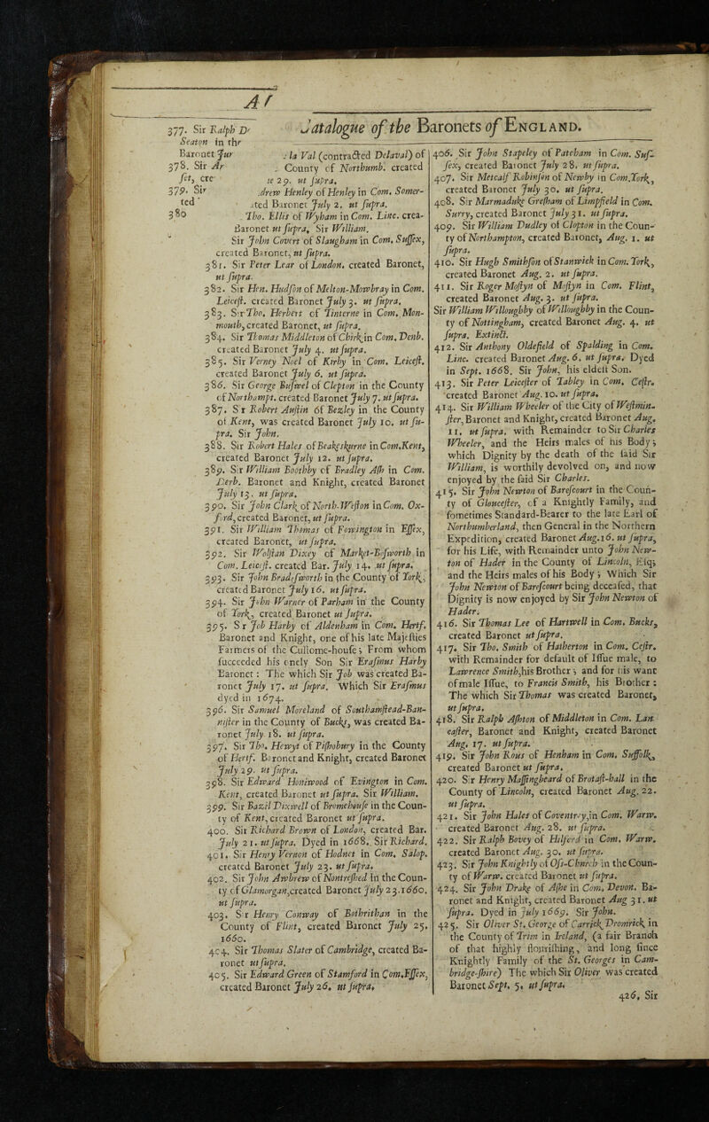 Af 377* Kalph' D Seaton in fh^’ Baronet 378. Sir Ar fety ere- 37P' Sir Jatalogue of.the Baronets o/England. j la Val (contra(3:ed Delaval') of j County of Northwnb. created te 2p. ut fupra, idnvp Henley of Henley in Com, Somer- ' ited Baronet July 2, ut fupra. . Iho. Ellis of Wyham in Com, Line, crea- Baronet ut fupra^ Sir William. Sir John Covert of Slaugham in Com, Sujfex, created Baronet, ut fupra. 381. Sir Peter Lear of London, created Baronet, ut fupra. 382. Sir Hen. Hudfon of Melton-Moxohray in Com. Leiceji. created Baronet J«/y 3. ut fupra, 383. S'.rfho, Herbert of Linterne in Com, Mon- mouthycxczted Baronet, ut fupra. 384. Sir ‘Thomas Middleton of Chirk^in Com, Henb. created Baronet July 4. ut fupra. 385. S\x Verney Noel of Kirby m Com, Leiceji, created Baronet July 6. ut fupra. 385. Sir George Bufvel of Clepton in the County cfNorthampt. created Baronet July 7. ut fupra. 387, S r Robert Auftin 6f Bezley in the County of Kenty was created Baronet July 10. ut fu¬ pra, Sir John. 388. Sir Robert Hales ofBeakesh^rne in Com,Kenty created Baronet July 12. ut jupra. 38^. Sir William Boothby of Bradley A(h in Com. Lerb. Baronet and Knight, created Baronet July 13. ut fupra, 3po» Sir John Clarl^of North.Wejlon in Com. Ox- frd^crcztcd EixonctyUt fupra, 3pi. Sir William Thomas of Rovpington in EJJeXy created Baronet, ut fupra. 35?2. Sir Woljian Vixey of Mar\et-Btfrvorth in Com. Leiceji. created Bar. July 14. ut fupra, 31>3. Sir John Bradtfvporth in the County of created Baronet I <5. ut fupra. 3P4. Sir John Warner of Parham in the County of Tork^y created Baronet ut jupra, , 3P5. Sr Job Harby of Aldenham in Com, Hertf, Baronet and Knight, one of his late Majefties Farmers of the Cullome-houfe > From whom fucceeded his oneiy Son Sir Erafmus Harby Baronet; The which Sir Job was created Ba¬ ronet July 17. Ut fupra. Which Sir Erafmus dyed in 1^74. 3pd. Sir Samuel Moreland of Southamjiead-Ban- nijier in the County of BuckSy was created Ba¬ ronet July 18. ut fupra. 3P7, Sh Iho, Hervyt of Pifhobury in the County of LJertf. Baronet and Knight, created Baronet July 29. ut fupra. 3p8. Sir Edzpard Honirvood of Evington in Com. Kent^ created Baronet ut fupra. Sir William. 3pp. Sir Bazil ’Dixrvell of Bromeheuje in the Coun¬ ty of Kewt, created Baronet ut fupra. 400. Sir Richard Broran of Londoriy created Bar. July 21. utjupra. Dyed in 166S.. Six Richard. 401. Sir Henry Vernon of Hodnet in Com, Salop. created Baronet July 23. ut fupra, 402. Six John Arebrerv of Nontrefhed in the Coun¬ ty of Glamorgan^cxezted Baronet July 2^.1660. ut fupra. 403. Sir Henry Conveay of Bethrithan in the County of flinty created Baronet July 25, \66o. 404. Sir Thomas Slater of CambridgCy created Ba¬ ronet ut fupra. 405. Sir Edward Green of Stamford in Com.EJfex, created Baronet 25* m jupra^ 4od. Sir John Stapeley of Pateham in Com. Suf fexy created Baronet 28. ut fupra. 407. Sir Metcalf Robinjon of Newby in Com.Tor\^ created Baronet July 30. ut fupra. 408. Sir Marmadukp Grefham of Limpfeld in Com. Surryy created Baronet July^i, ut fupra. 4op. Sir William Dudley of Clopton in the Coun¬ ty of created Baronet, Aug. i. ut fupra, 410. Sir Hugh Smithfin ofStanwick inCom.Torl{y created Baronet Aug. 2. ut fupra. 411. Six Roger Mqjiyn of Mojiyn in Com. Flinty created Baronet Aug. 3. ut Jupra. Sir William Willoughby of Willoughby in the Coun¬ ty of Nottinghamy created Baronet Aug. 4, ut fupra, Extinb. 412. Sir Anthony Oldefeld of Spalding in Com. Line, created Baronet Aug. 6, ut Jupra, Dyed in Sept. 1(568. Sir John, his eldelt Son. 413. Sir Peter Leicejier of Tabley in Com, Cejir. created Baronet Aug. 10. ut fupra, 414. Sir William Wheeler of the City of Wejimin. jfer,Baronet and Knight, created Baronet Aug, ir, ui fupra. with Remainder to Six Charles Wheeler, and the Heirs males of ms Bodyi which Dignity by the death of the laid Sir William, is worthily devolved on, and now enjoyed byjhe faid Sir Charles. 415. Sir John Newton of Barefcourt in the Coun¬ ty of Gloucejier, of a Knightly Family, and fometimes Standard-Bearer to the late Earl of Northumberland, then General in the Northern Expedition, created Baronet16. ut fupra, “ for his Life, with Remainder unto John New¬ ton of Hader in the County of Lincoln, Efqi and the Heirs males of his Body i Which Sir John Newton of Barefcourt being deccafed, that Dignity is now enjoyed by Sir John Newton of Hader. 416. Sir Thomas Lee of Hartwell in Com. Bucks,, created Baronet ut fupra. 417* Sir Tho, Smith of Haiherton in Com. Cejir. with Remainder for default of Iffue male, to Lawrence Smithyhis Brother •, and for nis want ofmale Iffue, to Francis Smith, his Brother : The which Sir Thomas was created Baronetj ut fupra, 418. Sir Ralph AJhton of Middleton in Com. Latt cajier. Baronet and Knight, created Baronet Aug, 17. ut fupra. 4ip» Sir John Rous of Henham in Com, Suffolk^, created Baronet ut fupra, 420. Sir Henry MaJJingbeard of Brotajl-hall in the County of Xwco/«, created Baronet Aug. 22. ut Jupra. 421. Sir John Hales of Covemr-yjn Com. Warw. created Baronet Aug. 28. ui fupra. 422. Six Ralph Bovey of Hilferd in Com, Warw. created Baronet Aug. 30, ut fupra. 423. Sir John Knightly of Ofs-Chnrch in the Coun¬ ty of Warw. created Baronet ut fupra. 424. Sir John Drak^ of Ajhe in Com, Devon. Ba¬ ronet and Knight, created Baronet Aug 31. fupra. Dyed in July 1669. Sir John. 425. Sir Oliver St, George of CarrickfDrorriricky in the County of Trim in Ireland, (a fair Branch of that highly flourifhing, and long fince Knightly Family of the St. Georges in Cam- hridge-Jhire') The which Sit Oliver was created Baronet (S'eft. 5, ut fupra, 42^, Sir