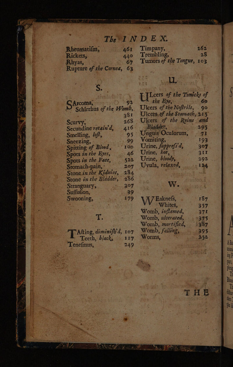 oo Rheuniatifm, 461 Rickets, 440 Rhyas, Ohi OF Rupture of the Cornea, 63 G Ascoma, 92 MY 'Schirrhus of the Wome, ; Pie Ber Scurvy, Secundine retain d, Smelting, dof, Sneezing, Spitting of Blood, Spots inthe Eyes, Spots iz the Face, Stomach-pain, : Stone.in the Kidnies, 284 Stone zn the Bladder, 286 Stranguary, 307 Suffufion, 39 Swooning, E79 Ls “TF Afting, diminifh'd, 107 | Teeth, b/ack, - 117 Tenefmus, 249 i a wae Timpany, Trembling, | Tumors of the Tongue, 103 U... the Bye, Ulcers of the Noftrils, . 90 Ulcets,af the Stomach; 215° Ulcers of the Reins and Bladder, 295 Unguis Oculorum, . 71 Vomiting, 193 Urine, fupprefs'd, 307 Urine, bot,” 311 Urine, bloody, 292 Uvula, relaxed, 124 W. VV Baknels, | Whites, Womb, infamed, Womb, ulcerated, Womb, mortified, Womb, falling, . Worms, 187 357 371 375 337 395 252