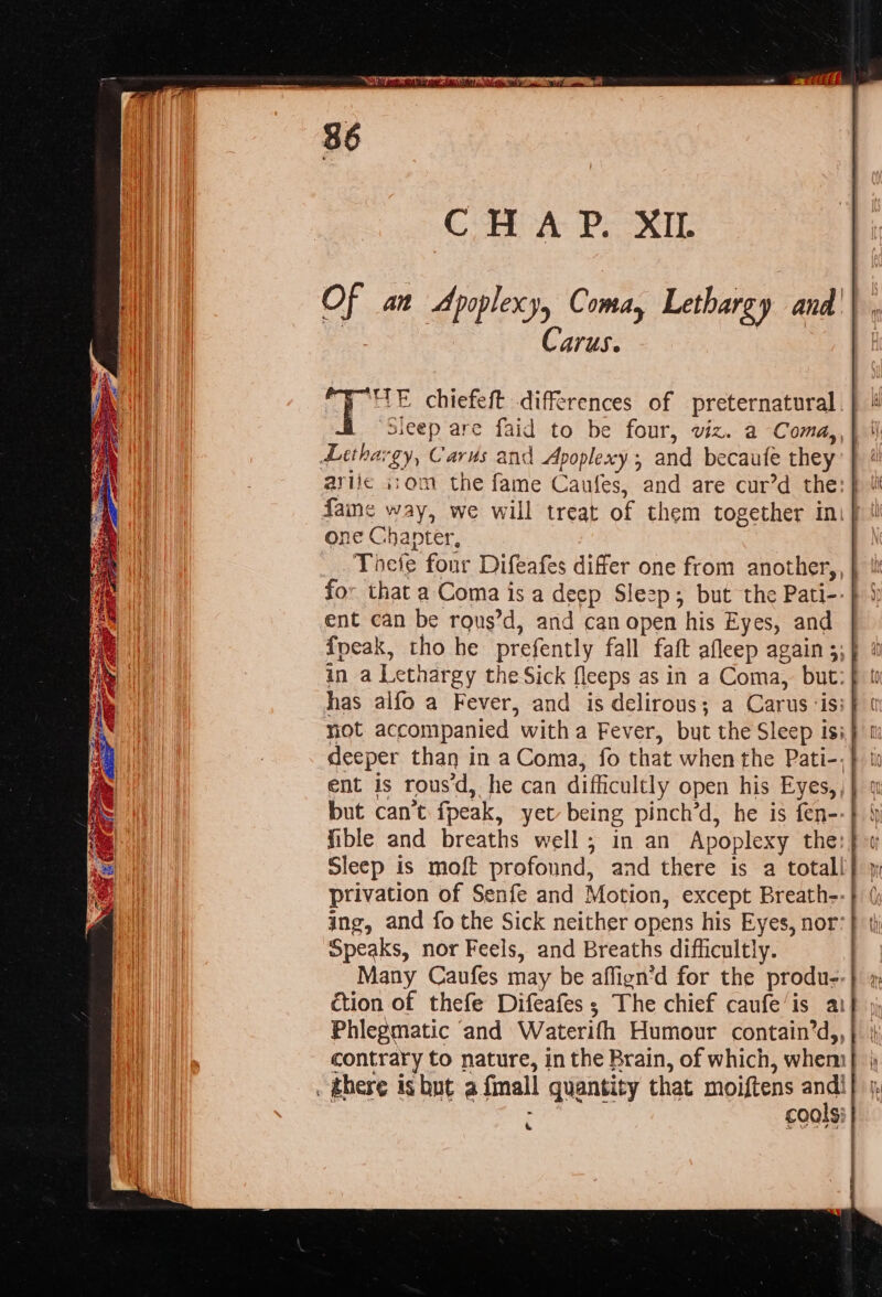 Of an Apoplexy, Coma, Lethargy and Carus. : HE chiefeft differences of preternatural. Sleep are faid to be four, viz. a Coma,, ne Chapter, Toefe four Difeafes differ one from another,, ent can be rous’d, and can open his Eyes, and in a Lethargy the Sick fleeps as in a Coma, but: privation of Senfe and Motion, except Breath- ing, and fo the Sick neither opens his Eyes, nor: Speaks, nor Feels, and Breaths difficultly. Many Caufes may be affign’d for the produ- Phlegmatic and Waterifh Humour contain’d,, contrary to nature, in the Brain, of which, whem cools: &amp; thy, 1