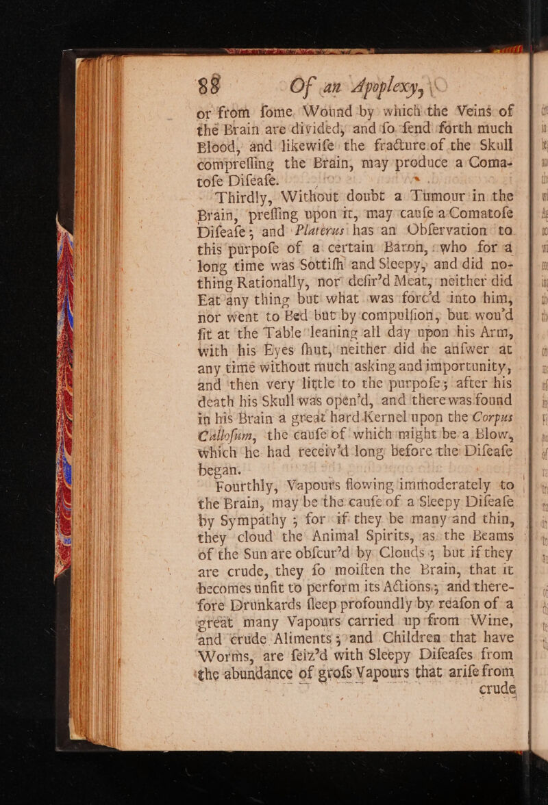 or from fome. Wound by which the Veins of the Brain are divided, and fo. fend forth much Blood, and likewife the fracture.of the Skull comprefling the Brain, may produce a Coma- tofe Difeafe. Thirdly, Without doubt a Tumour'in the Brain, prefling upon it, may caufe a-Comatofe Difeafe; and \Platerus has an Obfervation to this purpofe of a certain Baron, swho for a long time was Sottifi and Sleepy, and did no- thing Rationally, nor defir’d Meat, neither did Eatany thing but what was forced into him, nor went to Bed but by compulfion, but: won'd fit at the Table ‘leaning all day upon his Arm, vith his Eyes fhut, neither did he anfwer at any time without much asking andimportunity, and ‘then very little to the purpofe; after his death his Skull was open’d, and ‘therewas found in his Brain a great hard.Kernel upon the Corpus Crllofum, the cafe of which might bea Blow, which he. had receiv’d long: before the Difeafe began. Fourthly, Vapours flowing imrhoderately to the Brain, may be the canfe of a Sleepy Difeafe by Sympathy ; for if they be manyand thin, they cloud the Animal Spirits, as. the Beams of the Sun are ob{cur’d by Clonds 5 but if they are crude, they fo moiften the Brain, that it becomes unfit to perform its Actions, and there- fore Drunkards fleep profoundly by réafon of a eréat many Vapours carried up:from Wine, and ‘rude Aliments 3°and .Childrea that have Worns, are feiz’d with Sleepy Difeafes from apours that arife from eh crude