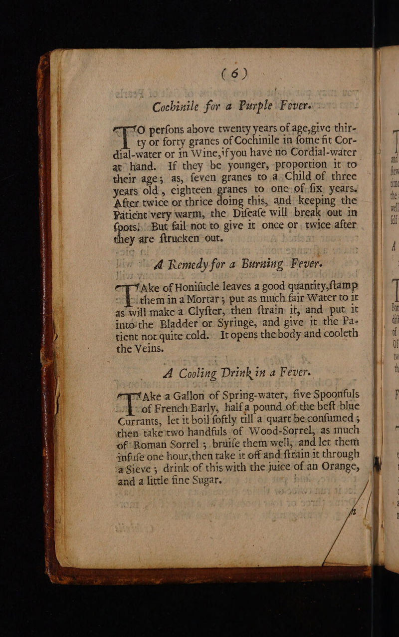 iS ™ Si a cman rane e ¢ seen ae Pes (iO ATT EM RY SE STS SI Wes: ave ele ee were (6) Cochinile for a Purple Fever. “¥10 perfons above twenty years of age,give thir- ty or forty granes of Cochinile in fome fit Cor- dial-water or in Wine,1f you have no Cordial-water at hand. if they be younger, proportion it to their age; as, feven granes to a Child of three years old, cighteen granes to one of fix years. ‘After twice or thrice doing this, and keeping the Patient very warm, the, Difeafe will break out in fpors};| But fail nov to give it once or, twice after they are firucken out. 3 A Remedy for a Burning Fever. 4 Ake of Honifucle leaves a good quanrity,ftamp ~folehem ina Mortar’; put as much fair Water to it as will make a Clyfter, then ftraim it, and put, it into'the Bladder or Syringe, and give it the Pa- tient not quite cold. It opens the body and cooleth the Veins. A Cooling Drink in.a Fever. WM Ake a Gallon of Spring-water, five Spoonfuls uch of French Barly, halfa pound of: the beft blue Currants, let it boil foftly tll a quart be.confumed ; then take two handfuls of Wood-Sorrel, as much of’ Roman Sorrel ;. bruife them well, and let them 4nfufe one hour,then take it off and ftrain it through ‘aSieve ; drink of this with the juice of an Orange, and a little fine Sugar. ; Ee ae ee.