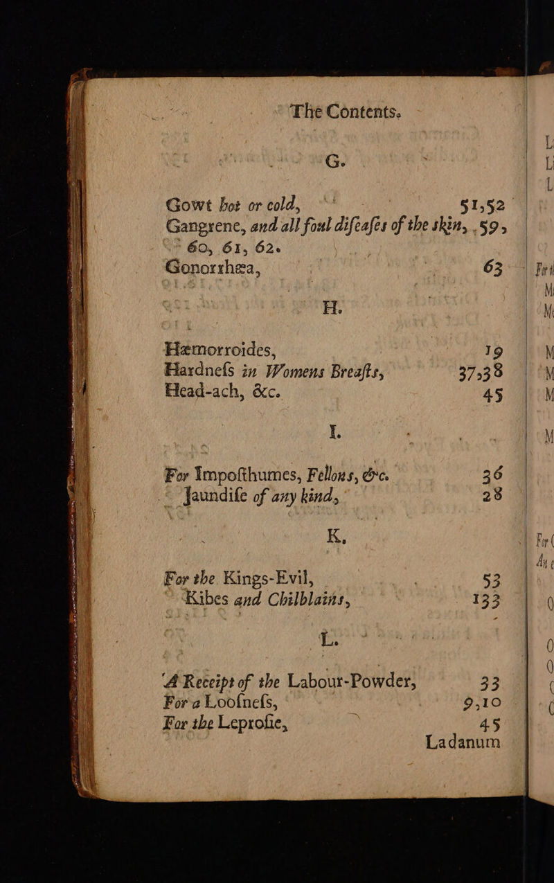  G. Gowt bot or cold, GO, GI, 62. Gonorrhea, H. Hemorroides, Hardnefs in Womens Breafts, Head-ach, &amp;c. I. For Impofthumes, Felons, oc, Jaundife of any kind, K, For the. Kings-Evil, Kibes and Chilbiatay ‘L. ‘A Receipt of the Labour-Powder, For the Leprofie, 63 19 37538 45 36 28 53 133 33 45 Ladanum   
