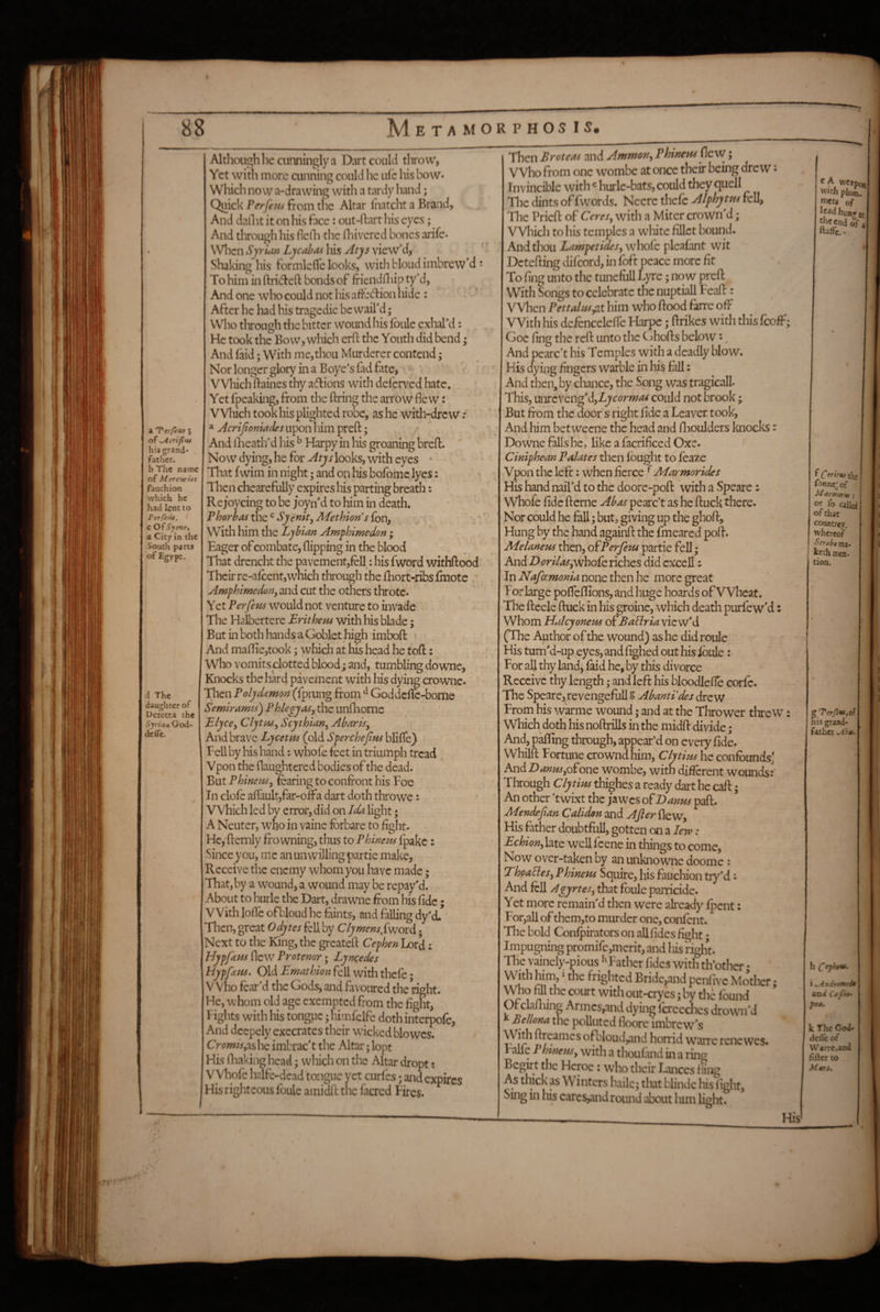 88 Metamorphosis. a 'PerptK* » of ^crtftu hi$ grand¬ father, b The name of Mercuries fauchion which he had lent to PerfetU. C OfSyene, a City in the South parts of Egypt. d The daughter of Ucrceta the Syrian God- defle. Although he cunningly a llirt couki throw, Yet witli more cunning could he ulc his Ix^w* Which now a-drawing with a tardy hand; Quick PerfcHs from the Altar Inatcht a Brand, And dallit it on his face: out-ftart his eyes; And through his flclli the Huvered bones arife- When Sjrum Lycaba-i liis Atys view’d, Shaking his formIcfle looks, withbloudimbrew’d *• To him in ftriclcft bonds of friendnup ty’d, And one who could not his afi’ecTion liidc : After he had his tragedie bewail’d; Who through die bitter wound his Ibulc exhaled: He took the Bow, wliich erft the Youth did bend; And faid; With me,thou Murderer contend ; Nor longer glory in a Boye's fad fate, V Vliich ftaines thy aflions with deferved hate. Yet fpeaking, from the ftring the arrow flew: VVliich took his plighted robe, as he witli-drcw .* ® Acriftoniades upon him preft; And llaeath’d his ^ Harpy in liis groaning breft. Now dying, he for Atys looks, with eyes That fwim in night; and on his bofomc lyes: Then chearefully expires his parting breath; Rejoycing to be joyn’d to him in death. Phorbas the ^ Sy'entt^ Methions fon, With him the Lybian Amphimedort; Eager of combate, flipping in the blood That drcncht the pavement,fell: his fword withflood Their rc-alcent,wnich through the fhort-ribs Cnotc Am^hi?nedon, and cut the otliers throtc. Yet Per feta would not venture to invade The Halberterc Erithem with his blade; But in botli hands a Goblet high imboft And maflie,took; which at his head he tofl:: Who vomits clotted blood; and, tumblir^ downe, Knocks the Iiard pavement with his dying aownc. Then Polydxmon (fpinng from ^ Goddefle-bome Semirsimts) Phle^yas^ the unfliorne Elyce^ Clyta^^ Scythian^ AbnvM^ And brave Lycetw (old Sperchejtm bliffe) Fell by his hand: whofe feet in triumph tread Vpon the flaughtered bodies of the dead. But Phineui^ fearing to confront his Foe In clofe aflault,far-off a dart doth throwe: Which led by error, did on Ida light; A Neuter, who in vaine fbrbare to fight. He, flemly fro wning, thus to PhineiM fpakc: Since you, me an unwilling partie make. Receive the enemy whom you have made; That,by a wound, a wound may be repay'd. About to hurle the Dart, drawne from his fide; With loflc ofbloLid he feints, and falling dy'd* Then, great Odytes fell by ClymcnsSvjoid. Next to the King, the greatefl Cephen Lord: HypfiHS flew Protenor; LynQedes PiypfAiu. Old Emathion fell witli thefe • V Vho fear’d the Gods, and favoured the right. He, whom old age exempted from the fight, 1 ights with his tongue; himfclfe doth interpofe, And deepely execrates their wicked bio wcs. Crd?w/V,ashc imbrac’t the Altar; lopt His fliaking head; which on the Altar dropt: Whofe hr.lfc-dcad tongue yet curies; and expires His righteous foulc amidfl; the lacred Fires. Then Brotem and AmntoHyPhinem^cvJ; Who from one wombe at once their being drew J Invincible with«hurlc-bats, could they quell Tlic dint.s offvvords. Ncerc thefe Alphytpn fell, Tlie Priefl: of Ceres^ with a Miter crown’d; Which to his temples a white fillet bound. Andtliou Lampetidesy whole plcafant wit Detefting difeord, in foft peace more fit To ling unto the tunefiill Lyre; now prefl: With Songs to celebrate the nuptiall Feafl:: When Pettaliss^t him who flood farre off With his defcncelefle Harpe; flrikes with tliis feoff; Goc fing the reft unto the C^hofls below i, And pearc’t his Temples with a deadly blow. His dying fingers warble in his fall: And then3 by cliance, the Song was tragicall. This, ui]rcYcng'd,Lycorma^ could not brook ; But from the door s right fide a Leaver took. And him betweene the head and flioulders knocks r Downe falls he, like a facrificed Oxe. Ciniphean Palates then fought to feaze Vpon the left: when fierce ^ AAarmorides His h^d nail’d to the doore-poll with a Spearc r Whole fide fteme Abas pearc’t as he (luck there. Nor could he fall; but, giving up the ghoR, Hung by the hand againfl: the fmeared poll. Melanem then, oiPerfetu partie fell; And Dor lias^hoie riches did cxccll: In Nafamonia none then he more great For large polTefTions, and hi^e hoards of Wheat. The fleele ftuck in his groine, which death purfe w’d: Whom Hulcyoneus of Ballria view'd (The Author of the wound) as he did roule His tum'd-up eyes, and fighed out his fcule: For all thy land, faid he, by this divorce Receive thy length; and left his bloodlefle code. The Speare,revengefullo ^^^;?/i’^i<?jdrew From his warme wound; and at the Thrower threw: Which doth his noftrills in the midft divide; And, p^ng through, appear’d on every fide. Whilft Fortune crowndhim, CInins he confounds] And D^«;^,ofone wombe, with different wounds:' Through Clytim thighes a ready dart he caffc; An other 'twixt the /awes oPDanus paft. Mendeftan Calidon and After flew. His father doubtful!, gotten on a lerv: Echion, hte wellfeene in things to come. Now over-taken by an unknowne doomc : Thoactes, Phineus Squire, his fauchion tiy'd: And fell Agyrtes^ that foule parricide. Yet more remain'd then were already Ipcnt: For,all of thcm,to murder one, confent. The bold Confpiratorson allfides fight; Impugning promifc,mcrit, and Iiis right. The vainely-pious Father fides with th’other • With liim, ^ the frighted Bride,and penlivc Mother • Who fill the court witli out-cryes; by dTlbmid ’ Ofclafldng Armcs,and dying IcrccclKs drowui'd Bellona the polluted floorc imbrew's ^ ofbloud,and horrid warre rene wcs. Falle Phmeus, with a thouf.ind in a ring Begirt the Heroe: who their Lances fling As thick as Winters hailc; tliat blindc his fight, Sing in liis carcs,androiuid about lum light. or lead hun» at fforiViatKj frtnncj of M armor tit; ««■ fo called of that cotifltrcy. whereof Strabo raa. I keth men¬ tion. f Ter fens,0^ is ^and- father sAbm. h C^f^' i 2t\d pea. k The Cod- defle of \Varr«>aDd filler to M MTS,