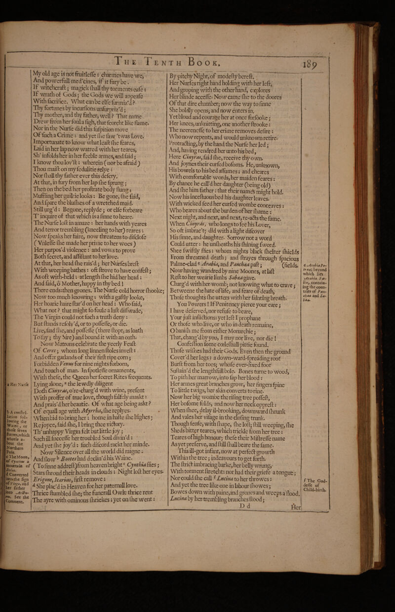 T H E r E N T H B O O K. a Her Nurfc b A conftel- Jation fol- lowine the Waine , or thofc feven ftarrcs,which v/heele a- bout tlie Northern Pole. c JhcMoon, I of Cjnthtu a mountain of J^elos. j d Converted into the fign j ofF/V^o, and her father j into KArltu- I See the ! Comment. My old age is not fruitlefle: charmes have we,' - And powerful! medicines, if it fury be. - If witchcraft; magick (liall thy torments cafe: If wrath of Gods; the Gods we will appeafe With facrifice. Whatcanbeelfefurmiz’d? Thy fortunes by incurfions unfurpriz'd; Thy mother, and thy father; well ? That name Drew from hcr fbula figh, thatfborcht like flame. Nor in the Nurfe did this fufpition move Of iuch a Crime : and yet iLe fa w t was Love. Iinportunate to know what leaft frie feares, Laid in her lap no w watred with her teares, Sfr infolds her in her feeble armes, and faid; I know thou lov'ft: wherein ( nor be afraid ) Thou maift on my fedulitic Mye: Nor lliall thy father ever this defery. At that, in hiry from her lap (lie fprung; Then on the bed her proftrate body flung: Muffling her guilde looks: Be gone, The faid, Andfpare the bluBies of a wretched maid. , ’ Still urg*d: Begone, replyde; or elfe forbeare' ^ T inquire of that which is a finne to heare. The Nurfe loft in amaze: her hands with yeares And terror trembling (kneeling to her) reares; 'Now fpeaks her faire, now threatens to difclofe ( Vnlefte ftie made her privie to her woes ) Her purpos'd violence: and vows to prove • ' Both fecret, and alTiftant to her love. At that, her head ftie rais'd; herNiirfcsbreft With weeping bathes: oft ftrove to have confeft; As oft with-held; at length fhe hid her head: And laid, o Mother, happy in thy bed I There ends:then grones. The Nurfe cold horror fhooke; Now too much knowing: with a gaftly looke, Her hoarie haire flar'd on her head: Who faid. What not ? that might fo foule a luft dilfwade> • The Virgin could not fiich a truth deny: Butftandsrelblv'd,ortopo{refle,ordie. < Live, laid fiie, and poftefle (there ftopt; as loath To fay; thy Sire) and bound it with an oath.‘ Now Matrons celebrate the yeerly Feaft Of Ceres; whom long linnen ftoles inveft ? And offer garlands of their firft ripe corn; Forbidden Fe/^^ for nine nights forborn, And touch of ‘ man. In fpotlefle ornaments. With thefe, the Queen her fecret Rites frequents. Lying alone; ^ the lewdly diligent Doth Cmjras, ore-charg'd with wine, prefent With proffer of true love, though falfely maskt: ^ And prais'd her beautic. Of what age being askt ? Of equallage with-^rr/;^,ftaereplyes. when bid fo bring her: home in hafte ftie highes; Re Joyce, faid fhe, I bring thee vi(flory. Th' unhappy Virgin felt but little joy; Such ill fucceffe her troubled Soul divin'd: And yet Ihe joy'd: fiich difeord rackt her minde. Now Silence over all the world did raigne; And flow ^ Bootes had declin'd his Waine. ( To finne addreft)from heaven bright Cjnthia flics; Stars fliroud their heads in clouds; Night loft her eyes. Erigone^ Icarim^ firft remove; ^ She plac'd in Heaven for her paternaU love. Thrice ftumbled fhe; the funerall O wle thrice rent The ayre with ominous fhriekes; yet on iBe went: By pitchy Night, of modefty bereft. Her Nurfes right hand holding with her left, And groping with the other hand, explores Her blinde acccflci Now came flie to the doorcs Of that dire chamber; now the way to finne She boldly opens; and now enters in. Yetbloud and courage her at once fbrfboke; Her knees, unknitting, one another ftrooke: The neereneffe fo her crime removes defire: Who now repents, and would unknown retire.- Frotradling, by the hand the Nurfe her led; And, having rendped her unto his bed, Here Cinjrits^ faid fhe, receive thy o wn. And joynes their curfed bofoms. He, unknown, His bowels to his bed afliimes; and cheares With comfortable words, her maiden feares: By chance he call’d her daughter (being old) And llie him father: that their riame^ might hold. Now his inceftuous bed his daughter leaves. With wicked feed her curfed wombe conccaves j Who bcares about the burden of her fliame: Next night, and next, and next, re-a(5ls the fame. When Cinyrds, who longs to fee his Lover, So oft imbrae'tji did with a light difeover His finne, and daughter. Sorrow not a word Could utter: he unflieaths his fhining fword. Shce fwiftly flies: whom nights black fhelter fhields From threatned death; and ftrayes through fpacious Palme-clad ^ Arabia^ and Pamhesa paft; (fields. Now having wandred by nine Mooncs, atlaft Reft to her wearie limbs Sabina gave. Charg’d with her womb; not knowing what to crave; Betweene the hate oflife, and feare of death, Thofe thoughts fhe utters with her fainting breath.' You Powers! If Penitency pierce your eare; I have deferved, nor refufe to beare, Your juft inflidlions: yet left I prophanc Or thofe who live, or who in death remaine, O baniffl me from either Monarchic; That, chang’d by you, I may nor live, nor die !' ConfeiTion fome cceleftiall pittie found. Thofe wifnes had their Gods. Even then the ground Cover’d her legs: a down-ward-fpreading roof Burft from her toes; whofe ever-fixed foot’ > Suftain’d the lengthfull bole. Bones turne to wood, To pith her marrow, into fap her blood: Her arrnes great branches grow, her fingers i^ine To little twigs, her skin converts to rine. Now her big wombe the rifing tree pofleft, ^ Her bofome folds, and now her neck oppreft: When fflee, delay il-brooking, downward fhrunk And vales her vifage in the clofing trunk. Though fenfe, with fliape, fhe loft; ftill weeping, flie Sheds bitter teares, which trickle from her tree: Teares ofhigh honour; thefe their Miftrefle name As yet preferve, and ftill fliall beare the lame. This ill-got infant, now at perfedl growth Within the tree; indeavours to get forth. The ftrid imbracing barke, her belly wrung,' With torment ftretcht: nor had their griefe a tongue; Nor could fhe call ^ Lucina to her throwes: And yet the tree like one in labour flxjwcs; Bowes down with paine,and grones and weeps a flood, Lucina by her trembling branches flood; _ _Pd Her C Arabia traa', beyond which lies xArabia Fa- lix, contain¬ ing the coun¬ tries of Pan- and Srt- bH** fThc God- defle of Child-birth.