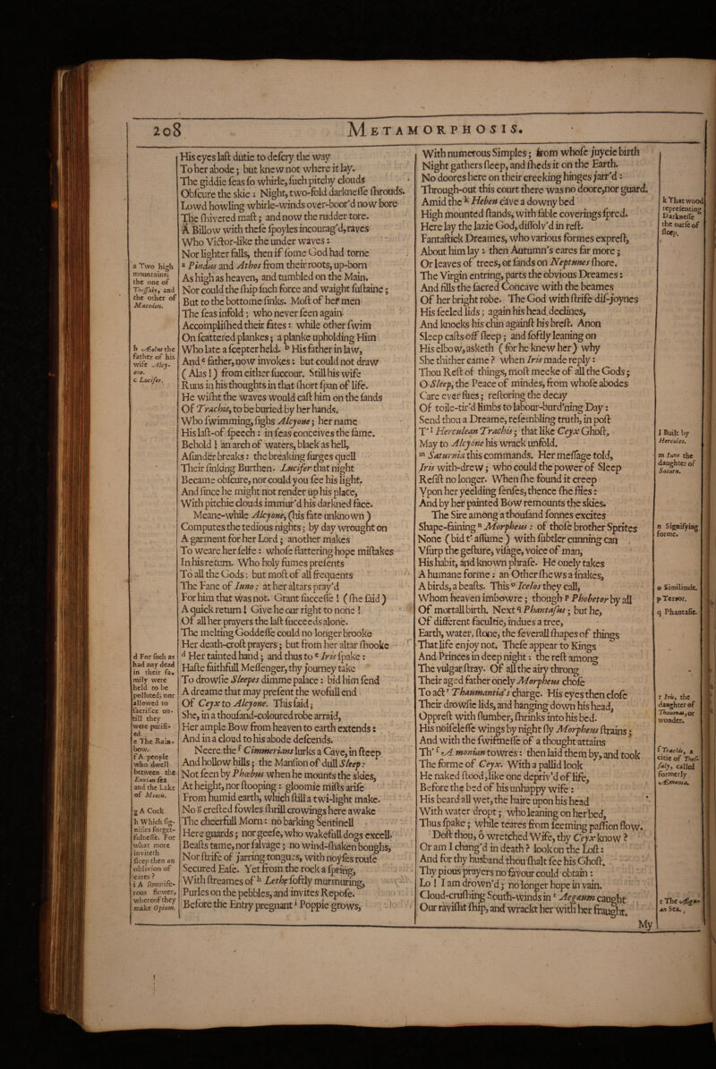 a Two high mountains; the one of Thejfaly, and the other of MAcsdon. father of his wife s^dlcy- one. c Luciftr. d For fech as had any' dead in their fa» mily were held to be polluted; nor allowed to facrifce un- till they [Were purifi¬ ed. e The Rain¬ bow.. JfA people who dwell between tl:c Etixiati fta and the Lake of Meeiii. 2 A Cock. h Which fig- nifics forget- fulnefii:. For what more inviteth ficep then an oblivion of cares ? i A fomnife- rous fiewer, whereof they make Opium. His eyes laft dutic to defery the way To her abode; but knew not where it lay. The giddie feas fo whirle, fuch pitcliy clouds Obfeure the skie; Night, two-Fold darknclTe (hrouds. Lowd howling whirle-winds over-boor d now bore- The flnvcrcd maft; and now the rudder tore. Billow with thefe Ipoylcs incourag'd,raves Who Vidor-like the under waves: Nor lighter falls, then if fbmeGodhad tome a Pindidd and Athos from their roots, up-born As high as heaven, and tumbled on the Main. Nor could the fhip fiich force and waight fuftaine; But to the bottomc finks. Moft of her men The feas infold; who never feen again- AccomplilBed their Btes: while other fwim On fcattered plankes; a planke upholding Him Who late a feepter held. ^ His father in law, And father, now invokes: but could not draw ( Alas!) from either fiiccour. Still his wife Runs in his thoughts in that fiiort fpan of life. He wifiat the waves would cafl: him on the lands Of Tmchisy to be buried by her hands. Who fwimming, fighs Alcyone; her name Hislaft-of fpcech: in feas conceives the fame. Behold I an arch of waters, black as hell, Afunder breaks: the breaking furges quell • Their finking Burthen • Lucifer that night Became obfeure, nor could you fee his light. And fince he might not render up his place. With pitchie clouds imm'ur'd his darkned face. Meanc-while Alcyone^ (his fate unknown ) Computes the tedious nights; by day wrought on A garment for her Lord; another makes To weare her felfe: whofe flattering hope miftakes In his return. Who holy fumes prefents To all the Gods; but moft of all frequents The Fane of Juno: at her altars pray’d For him that was not. Grant fiiccefle I (ftiefaid) A quick return I Give he our right to none ! -Of allher prayers the laft fuccccds alone. The melting Goddeffe could no longer brooks Her death-croft prayers; but from her altar fhookc - ^ Her tainted hand j and thus to«Iris fpake: Hafte feithfull Meflenger, thy journey take To drowfie S/eepes dimme palace: bid him fend A dreame that may prefent the wofull end Of Ceyx to Alcyone. Thisfaid^ She, in a thoufand-coloured robe arraid. Her ample Bow from heaven to earth extends: And in a cloud to his abode defcends. Neere the ^ Cimmeruns lurks a Cave, in ftcep And hollow hills; the Manfion of dull Sleep: Not feen by Phoebm when he mounts the skies, At height, nor ftooping: gloomie mifts arife From humid earth, which ftill a twi-light make. No o crefted fbwles ftirill crowings here awake The cheerful! Morn: no barking Sentinel! * Here guards; norgeefe, who wakeful!dogs cxccll:' Beafts tame, nor falvage; no wind-ftiaken boughs. Nor ftrife of j'arring tongues, with noyfes roulc Secured Eafe. Yetfromtherockafpring, With ftreames of ^ Ze/'/^fofrly murmuring, ' i Furies on the pebbles, and invites Repofe. Before the Entry pregnant * Poppie grows, I i. ) 1 With numerous Simples; kom whofe juycic birth Night gathers flecp, and fheds it on the Earth. No doores here on their creeking hinges jarrM: Through-out this court there was no doorc,nor guard. Amid the ^ Heben edve a downy bed High mounted ftands, with fable coveringsfpred. Here lay the lazie God,diflblvM in reft. Fantaftick Dreames, who various formes expreft. About him lay: then Autumn's cares far more; Or leaves of trees, or fands on Neptunes fhore. The Virgin entring, parts the obvious Dreames: And fills the facred Concave with the beames of her bright robe. The God with ftrife diPjoynes His feclcd lids; again his head.declines. And knocks his chin againft his breft. Anon Sleep cafts off fleep; and foftly leaning on Hiselbow.,asketh (for he knew her) why She thither came ? when Iris made reply: Thou Reft of things, moft mceke of all the Gods;. O Sleep, the Peace of mindes, from whole abodes Care ever flies; reftoring the decay Of toile-tir’d Kmbs to la^ur-burd’ning Day: Send thou a Dreame, rclembling truth, in poll: T' ^ Herculean Track is that like Cejx Ghoft, May to Alcyone his wrack unfold. Saturnia this commands. Her meflage told. Iris with-dre w; who could the'power of Sleep Refift no longer. When fhe found it creep Ypon her yeelding fenfes, thence fhe flies: And by her painted Bow remounts the skies. The Sire among a tboufand fonnes excites Shape-faining Morpheus: of thofe brother Sprites None ( bid t • aflume ) with fubtler cunning can Vfurp the geffurCj vilage, voice of man, His habit, and known phrafe. He oncly takes A humane forme; an Other fhe ws a lhakes, A birds, a beafts. This ® Icelos they call, Whom licavcn imbowre; though p Phohetor by ail Of mortall birth. Next ^ ; but he, Of difierent facultie, indues a tree, Earth, water, ftcxie, the fevcrall fhapes of things That life enjoy not. Thefe appear to Kings And Princes in deep night; the reft among The vulgar ftray. Of allthc airy throng Their aged father oncly Morpheus chofe To ad’’ Thaumantids charge. His eyes then clc^c Their drowfie lids, and hanging down his head, Oppreft with flumber, fhrinks into his bed. His noifeleflc wings by night fly Morpheus flrains; And with the fwiftnelTc of a thought attains Th' ^ ^.monian towres: then laid them by,and took The forme of Ceyx. With a pallid look He naked ftood, like one depriv'd of life. Before the bed of his unhappy wife: His beard all wet, the hairc upon his head With water dropt; who leaning on her bed, Thus fpake; while tcares from Iceming paflfion flow. Doft thou, o wretched Wife, thy C^x know * Or am I chang'd in death ? look on the Loft: And for thy husband thou fhalt fee his Ghoft. Thy pious pnyers no favour could obtain; Lo ! I am drown'd; noionger hope in vain. Cloud-criifhing S outh-winds in ^ Aegaum caught Our raviflit Ihip, and wrackt her with her fra^ht. ' My k That wooc reprefenting narkticflc the nurle of fleep. 1 Built by Hercules, m luno the daughter of Saturn. n Signifyiag forme. o Similitude, p Terror. q Phantafic. r Iriti the daaghtcr of ThaumtUjOt wonder. ^Trachisy a citieof TheC- My, called formerly c The *n Sea. ^