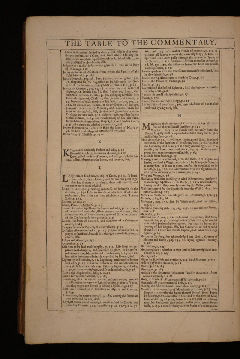 THE TABLE TO THE COMMENTARY. f and was therefore deified by them , whom they wor- l flnppcd informcof a Cow, Lorn whofe Idolatry the 1 Kraclitcs learnriheir fupetftf*-*®^ ®Hhc Golden CalFcj and waspraftifed by Jeroboam, Judgement: the laft judgement,a glympfc thereof in the ftory of jS,acus,p. ifo Julius ihefonne of Afeanius from whom the Family of the Juiii defeended, p. Juno’sPeacocks, pag. 38. Juno jealous and revengefull, pag ^6. fuppofed by b*. Auguftine to be Afhtoreth the God- defl'e of the Sidonians,pag. 57* Her defeent to Hell, p.8o Jupiter his Oration, pag, 15, i6‘ an adulterer and ravifiier of virgins,p. 2X. Jupiter and js. ibid. Jupiterand Juno, ibid. burnesin love with Califto, p. j8. changing himfelfe into Diana the figure of, Chaftitie, ibid, Jupiter and Europa, p. 43. becomes a heaft to obtainc his beftiall defires, pag. 44. 114. his triumph on the Sea, at his raviflament of Europa, P-44)4?. is tailed at by Momus , ibid, a mortall man and none of the chafteft, ibid, Jupiter and Juno their wanton Dialogue in their cups,p.57« defeendingin a golden fhowre violates Danae, p. 84. for the obtaining of his lulls trans- formech himfelfe into divers lhapes, p. 114. Dyed in Greet, p.4f. why afterwards deified by pofteritie, ibid, Jupiter Hannmon the fame with Ham the fonne of Noah, p. 97» his Idol in the lhape of a Ram,and why, ibid. Ixion King of Thellaly, p. xj i ♦ Kings called anciently Pallors and why, p. 4 ^ Kings-filher a bird, the nature thereof, p. 218 Knee,called the feat of mercy, and why,p. 178. the na- turall affinitiebetweerie the knees, and the eyes, ibid, ( I LAbyrinth of Dsedalusjp. i<?3,ofCreef, p. 1^4. foIntri¬ cate andvaft, that a Guide, who fortwentie ycers toge* thcr had lliowne it to others , there loft himfelfe and was never more heard oi^ibid. Lakes in Ethiopia procuring madneffe or lethargic to the drinkers, pa84.a Lake in Arcadia deadly to drink of in the nighttime, but in the day time whokfome, Tritons Lake, p. 28 Latona, p. 116,117 Laura, Ikcrarchs Miftrefle, p. l X Laurell facred to Apollo or theSunne and why, p. zi. leaves of the tree laid under the pillow procure true dreames, ibid. from a branch of Laurell came a grove of Bay-trees,where- of the Caefars made their garlands, p. 21 Lawes, the bond of Societie, andcoliimnes of a Common¬ wealth, p-263 Leagues betweene Princes, of what validitie, p. J 4 Left fide efteemed unluckie, p. 149* yet prolperous tofiich as, prayed orfacrificed, bccaufe it is the right untothofc,who are adored, ibid. tclaps and Alopix,p. 150 Leucothoe,p. 77 Life how to be lead moft happily, p. 21 z. Life Ihort accom¬ panied with dangers, and fucceeded by glory, to be prefer¬ red before along life confumed in obfeuritie, p.-xj i. an ex* __hortfttion thereunto admirably exprefl’ed by Homer, ibid. Lightning and thunder, p. 11. Lightning attributed to Jupiter and why, p. 1$. it was the cuftomeof the Ancients not to bury thofe bodies which were llaine by lightning and why, p. 3 7,melts moncyinbags,andfwordsinlcabbards,p.j6 Line; the ^qiiinoftiall line, p. io,i i Linx a falvage bcaft deferibed, p.287 Looking-glaflcs; it was an ancient cuftomc'among women to cftVr when they grew old,their looking-glafics to Venus, that they might not behold lb killing a Spcftacle,p. 287 Lots ificeft alluded to in the Story of Myrrha and Cyneras, P>99 Lotus a tree, the nature thereof, p. 180. among the fortunate trees reckoned for one, ibid, Lovc,its nature and diverfitie,p. jo.nourifhed by Plentie, and ftarvedby Povettie,p.zi. its paflioDs,p. 41, 77.79.8 ^ 151. i6z. 198. Z19. 2 5f I. makes friends of enemics^p. 154. fa¬ cilitates all labour even in the naturally lazy, p. ipo. the Spirits of the Lover pafle through the eyes in the Spiritsof the Beloved, p. 228. Scnfuall Love the remedies thereof, p, 78.8b. 101.120. the difference betweene Love and briuilh Concupifcence, p. 2 5 x Love-cup wherewith the Poet Lucretius was fo infuciated, that he flew himfelfe, p. 78 Lucian the Apoftata tome to death by Dog8,p, 5 J Lucifer the Planet of Venus, p. 35 Lucin3,p, 179 Lucretius of theSeft of Epicures, held the foule to be annihi¬ lated by death, p; 81 Lycaon his cruel! inhofpitalitie, p. 17 Lycas,p. 178 s Lycian Pefants turn’d to Frogs, p. 117 Lyzard a friend unto’man, pag. 99* a hiftorie of a mans life preferved by a Lyzard, ibid* M MAgitians their pretence of Chaftitie , p. 144. the man¬ ner of their infernall facrifices, p» 14 J Majcfiie: they 'who fearch too curioiifly into the I ^ Divine Majefty,fhall be opprefled with the glory and bright- ; nefieof the fame,p. yb I Man created, p 13. according to the image of God, in regard I not onely of the faculties of the Soule, but alfo in refpeA of the Symmetry and beauty of the body,according to the Pla- tonifts, and lome moderne divines , pag. tj, nothing more proud then man nor more miferable, p ^4 Mankiade from Stones, p. 19 Marriages not to be enforced, p. 7b. the Hifloric of a Spaniard having ravilHed a Virgin, was advifed by Marquefle Spinola to marry her; as foone as done, caufed his own head to be cut off*, p. 99,100. the Ceremonies with the fignification, ufed by the ancients at their marriages, p, 192 Mars and Venus, p- 7 5 Mariyas a Mufician excelling in wind inftruments, prefumed to challenge Apollo with his Harpe, p. 117. uncafed for it, having his skin ftript over his cares by the Vi£lor, ibid. Maftives carryed by the Spaniards into the Weft-Indies, be¬ came Wolvcs,p. I bp Medea her With-craft and Magicall inchantmems, p. 13 2.13 3 Medufa, p. 84,8 y, 8b Meleager, pag. iy7. dies by Witch-craft, his Sillers, pag.iyS j , r Memnon llaine by Achilles, pag. 247. his rairaculous Statue, ibid 248 Meneides, p-80 Mercuric and Argus, p. 2 2. the God of Eloquence, Mer¬ curies thefts, p. 42. amongft other of his thefts, he would haveftolne Jupiters lightning too, hut that he feared the burning of his fingers, ibid, his Caduceus or rod wound about with a male and female ferpent, ibid, what his wings fignifie,p.84. Mercurius Trifmegiftus acknowledged one God , Creator of Heaven land Earth, pag, 194, his faying againft Idolatry, p. 201 Mermidons,p. 149 Metamorphizc: whether a man can be Metamofphized into abeaft or no, p. xby Mctra, p.ibx Midas his ftupiditie and avarice,p. 212. his Affes cares, p.213 MilkiewayintheHcavens,p. lb Minos, p, ib2,'ib3 Minotaure, p. ibj Molock: the idolatrous inhumane facrifice thereunto, from whence derived, p, 118 MoIy,an hearb of efficacie againft Witch-craft,p.2b4 Monarchical! government the beft,p. ib. Money, the Ancients made cattell their inc«tey,p. ibz Monfter: a Sea-monfter of Mauritania deferibed, p. 19. vide Serpent: a monfter the bones thereof brought from Joppa by Scaurus, p.85. a monftcrin Scotland in the time of King 4*Miving 28 yeers, being below the waft an ordinary man, but had above two bodies, and in them twodifferent wills, p. 17 3. a monfter hairy all over borne of a woman and feene