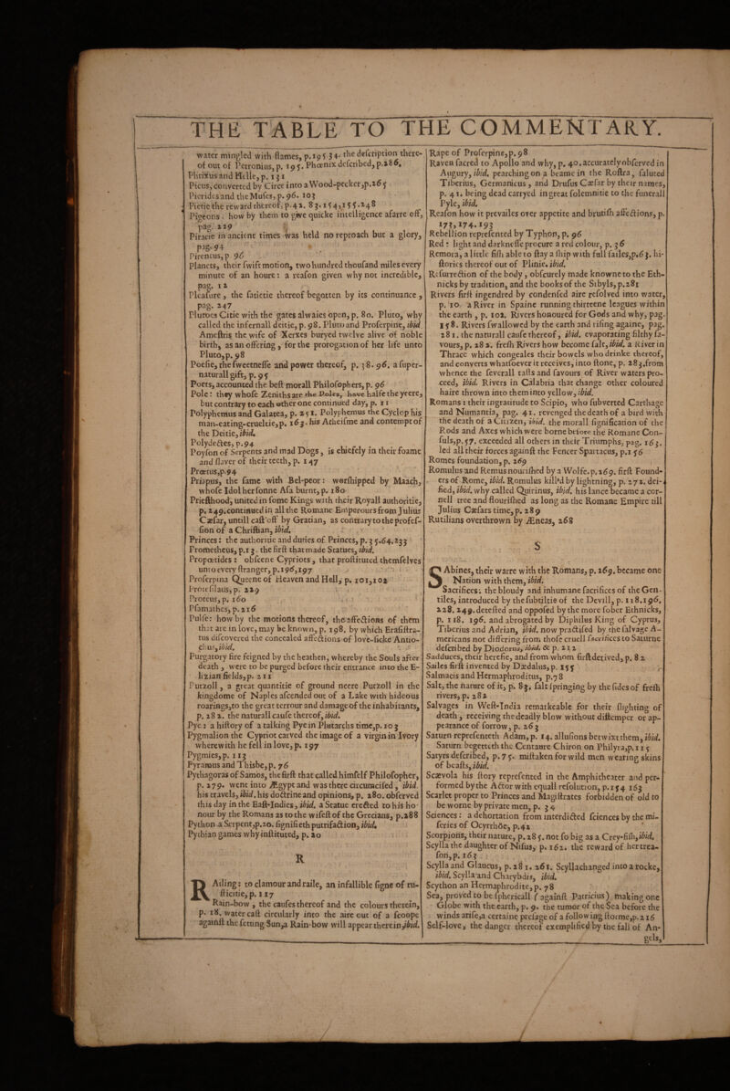 water mingled with flames, p.i95-34' thedefetiption there¬ of out of Petronius,p. 1^5. Phoenixdcfcribed,p.i86. Phrixus and Htlle, p. i j i Picus, converted by Circe into a Wood-pecker jp.165 PieridesandtheMufes, p. 96. loj Hetie the reward thereof,p.4a, 85.1^4,155*^4^ Pigeons, how by them to give qiiicke intelligence afarre oft, pag. %i9 \ Piracie in ancient times-was held no reproach but a glory, pag. 94 ” ' ^ Pireneus,p 9^ Planets, their fwift motion, twohundredthoufand miles every minute of an houre: a reafon given why not incredible, pag. IX Plcafure, the fatictie thereof begotten by its continuance, pag-. Plutoes Citie with the gates alwaies open, p. 80. Pluto, why called the infcrnall deitie, p. 98. Pluto and Profeipinc, ibid, Ameftris the wife of Xerxes buryed twelve alive of noble birth, as an offering, for the prorogation of her life unto Pluto, p. 98 ' Poefie, the fweetnefle and power thereof, p. 58.9^, afuper- naturall gift, p. 9^ • , Poets, accounted the beft morall Philofophers, p. 96 Pole .* they whole Zenithsare ‘•l»e Poles, have halfcthe yeere, but contrary to each other one continued day, p. 11 Polyphemus and Galatea, p. X5 *; Polyphemus the Cyclop his nian-eating-crueltie,p. 16his Acheifme and contempt of the Deitie, Polydeftes, p.94 Poyfon of Serpents and mad Dogs, is chiefely in their foame and flaver of ihcir teeth, p. 147 Pra:tus,p.94 ^ Priapus, the fame with Bcl-peor: worfhipped by Maach, whofe Idol her fonne Afa burnt, p. 180 . ' Priefthood, united in fome Kings with their Royall authoritie, p. i49,contmuedin allthe Romane Emperoursfromjuliu: Cjefar, untill caft’off by Gratian, as contE.arytotheprofef- fionof aChriftian, iM ^ Princes: the authoritie and duties of Princes, p. 5 5,64. *35 Prometheus, p.i 5* thefirft that made Statues, ibid. Propoetides ; obfeene Cypriots, that proftituted themfelves unto every ftranger,p. 19«^ji97 ' ^ ‘ • Proferpina Queeneof Heaven and Hell,'p, 101,10* * ProteftlauSjp. 219 4 « Proteus, p. 160 . ■' ' Pfamathes, p. x 15 - r. ^ Piilfe: how by the motions thereof, theaftcifions of them that are in love, may be known, p. 198. by which Erafiftra- tus difeovereU the concealed affeftionsiof lovc-ftcke Antio¬ ch us, t ^ Purgatory fire feigned by the heathen, whereby the Souls after death , were to be purged before their entrance into the E- lizianfields,p. XII Putiioll, a great quantitic of ground nccre Putzoll in the kingdome of Naples afeended out of a Lake with hideous roarings,to the great terrour and damage of the inhabitants, p. X8 X. the naturall caufe thereof, ibid. Pye: ahiftoryof a talking Pyein Plutarehs timc,p.io 3 Pygmalion the Cypiot carved the image of a Virginia Ivory wherewith he fell in love, p. 197 Pygmies,p. 113 , ; Pyramns and Thisbe, p. 76 Pythagoras of Samos, thefirft that called himfelf Philofopher, p. 179. went into ^gyptand was there circumcifed, ibid. his travels, ibid.his dodrineand bpinions, p. x8o. obferved this day in the Eaft-Indies, a Statue crefted to his ho¬ nour by the Romans as to the wifeftof the Grecians, p.i88 Python a Serpent,p.2o. fignifiethputrifadion, ibid., Pythian games whyinftituted, p. 20 R R Ailing: to clamour andraile, an infallible figne of ru- fticitic, p. 117 Rain-bow , the caufes thereof and the colours therein, p. 18, water caft circularly into the aire out of a fcoope ' againtt the fetting Sun,a Rain*bow will appear therein,ii>i</. Rape of Prorcrpine,p.98 Raven facred to Apollo and why, p, 40, accurately obferved in Augury, pearchingon a beame in the Roftra, faluted Tiberius, Germanicus, and Drufus CaH'ar by their names, p. 41. being dead carryed in great folcmnttie to the funeral! Pyle, ibid, Reafon how it prevailes over appetite and brutifh aftedions, p. *7?,174.193 Rebellion reprefented by Typhon, p. 96 Red: light and darknefle procure a red colour, p. 3 6 Remora, a little fifti able to ftay a fhip with full railes,p«^3. hi- ftories thereof out of Plinie. ibid. Refurredion of the body, obfcurely made knowneto the Eth- nicks by tradition, and the books of the Sibyls, p.x8i Rivers firft ingendred by condenfed aire refolved into water, p. ho a River in Spainc running thirtcenc leagues within the earth , p. 102. Rivers honoured for Gods and why, pag. 158. Rivers fwallowcd by the earth and rifing againe, pag. X 81, the naturall caufc thereof, ibid, evaporating filthy fa¬ vours, p. 18 X. frefli Rivers how become CsiUyibid. a River in Thrace which congealcs their bowels whodrinke thereof, and converts whatfoever it receives, into ftone, p. 28 ^.from whence the feverall tails and favours of River waters pro¬ ceed, ibid. Rivers in Calabria that change other coloured haire thrown into them into yellow, ibid. Romans : their ingratitude to Scipio, who fubverted Carthage and Numantia, pag. 41. revenged the death of a bird with the death of a Citizen, ibid, the morall fignification of the Rods and Axes which were borne before the Romane Con- fuls,p.57. exceeded all others in their Triumphs, pag. 16 j. led all their forces againft the Fencer Spartacus, p.i 56 Romes foundation, p. x<?9 j Romulus and Remus nouriftied by a Wolfe.p, 169. firft Found¬ ers of Rome, ibid. Romulus kill’d by lightning, p. 27 x. dei-, fied, ibid.vihy called Quirinus, ibid, his lance became a cor¬ nel! tree and flourifhed as long as the Romane Empire till Julius Cxfars time,p. 289 Rutilians overthrown by ^neas, 268 SAbines, their warre with the Romans, p. 269,became one Nation with them, ibid. Sacrifices; thebloudy and inhumane facrifices of the Gen¬ tiles, introduced by thefubtiltie of the Dcvill, p. 118,196. 1x8. X49.detefted and oppofed by the more fober Ethnicks, p. 118. 196. and abrogated by Diphilus King of Cyprus, Tiberius and Adrian, now pradRed by thefalvagc A- mericans not differing from thofc cruel) fi?crifices to Saturiie deferibed by Diodorus, Sc ■p.iiz Sadduees, their herefie, and from whom firft derived, p. 8 2 Sailcs firft invented by Djcdalus, p. 15 5 Salmacis and Hermaphroditus, p.78 Salt, the nature of it, p. 83, fait fpringing by thefidcsof frefh rivers, p. 282 ' Salvages in Weft-Tndia remarkeablc for their flighting of death , receiving the deadly blow without ditiemper or ap¬ pearance of forrow, p. 263 Saturn reprefenteth Adam,p. i4.aIlufionsbetwixtthem,i^i^^. S.aturn begetttth the Centaure Chiron on Philyra,p. 115 Satyrs deferibed, p.75* miftaken for wild men wearing skins of beafts, ibid. ' Scaevola his ftory reprefented in the Amphitheater and per¬ formed by the A dor with equall refolution, p.i 54 163 Scarlet proper to Princes and Magiftrates forbidden of old to be worne by private men, p. 3 4 Sciences: a dehortation from interdided fciences by the mi- feries of Ocyrrhdej p. 42 Scorpions, their nature, p. 28 5. not fo big as a Crcy-fifli,i^^Vf, Scylla the daughter of Nifus, p. 162. the reward of hertrea- fori,p. 163. Scylla and Glaucus, p. 2^ i, 261, Scyllachanged intoarocke, ibid, Scylla.and Charybdis, ibid, Scython an Hermaphrodite, p.78 Sea, proved to be fphericall f againft patricius) making one Globe with the earth, p. 9. the tumor of the Sea before the j winds arife,a certaine prefage of a following ftorme,p.216 Self-love, the danger thereof exemplified by the fall of An- - gels,