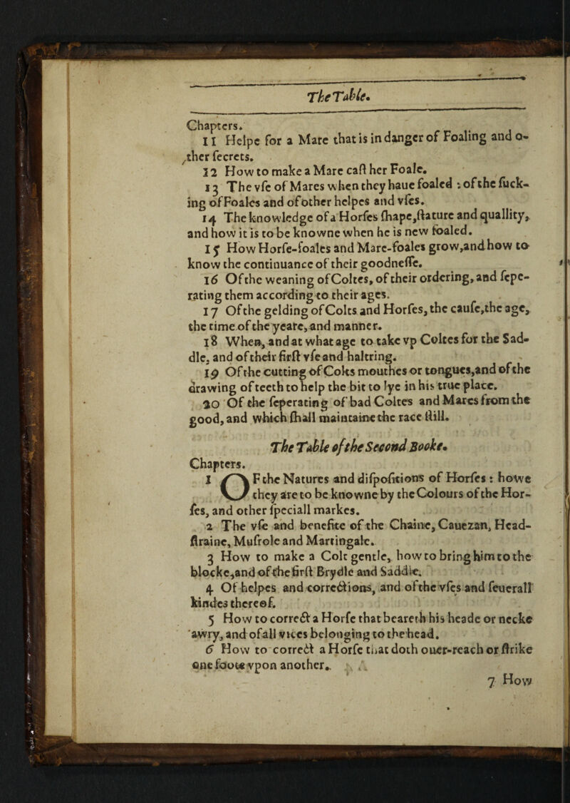 TheTabU. Chapters* 11 Heipe for a Mare that is in danger of Foaling and o- /ther fecrcts. 12 HowtomakeaMarccaftherFoale. The vfc of Mares when they haue foaled ; of the fuck¬ ing of Foales and of other hclpcs and vies. 14 The knowledge of a Horfes fhape,ftaturc and quallity* and how it is to be knowne when he is new foaled. 15 How Horfe-foales and Marc-foales grow^andhow to know the continuance of their goodnefle. 16 Of the weaning of Coltes, of their ordering, and fepc- rating them according to their ages. 17 Of the gelding of Colts and Horfes, the caufe,thc 3ge, the time of the yeare, and manner. 18 Whe% andat what age to take vp Coltes for the Sad¬ dle. and of their firft vfe and haltring. 10 Of the cutting of Coks mouthes or tongues,and of the drawing of teeth to help the bit to lye in his true place. 20 Of the feperating of bad Coltes and Marcs from the good, and which (hall maintain* the race Hill. • .. ' » • ... . i . • • ■ * ' • The Table of the See end Booke. Chapters. 1 F the Natures and diipofitions of Horfes : howc they are to be knowne by the Colours of the Hor¬ fes, and other lpeciall markes. 2 The vfe and benefice of the Chain*, Cauezan, Hcad- firaine, Mufrole and Martingale. 3 How to make a Colt gentle, how to bring him to the blockc,andofthefirft Brydle and Saddle. 4 Of helpcs and corrc&iotis, and ofthcvfes and feucrall kindes thereof. 5 How to corre& a Horfe that bcareth his heade or necke awry, and ofall vkcs belonging to the head. 6 How to correct a Horfe that doth oucr-reachorfirike one fo'oteypon another,.