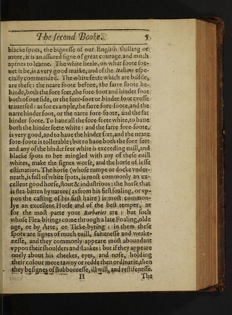 blacke fpots, thebignefle of our EngiiU'i ihHlirtg or more, it is an aflured figne of great-courage,and much aptnes to learne* The white heek,on what foote foe- uet it be,is a very good marke, and of the Italuns efpe- cialiy commended. The white feete which arehadde, are thefe: the neare foote before, the farre foote be» hinde,both the fore fcet,the fore-foot and hinder foot both of one fide, or the fore-foot or hinder foot crofifs trauerfed: as for example,the farre fore* foote,and the narre hinder foot, or the narre fore-foote, and the far hinderToote. To haueall the fore-feete white,to hauc both the hinder feetc white: and the farre fore-footc, is very good,and to haue the hinder fret,and the neare forc-foote is tollerable ;but to haue both the fore feet and any of the hinder feet white is exceeding euill,and blacke fpots to bee mingled with any of thefe euili whites, make the fignes worfe, and the horfe of leflfe eftimation.The horfe (whofe rumpeor docke vnder- neath,is full of white fpots, ismoft commonly an ex¬ cellent good horfe,ftout & induftrious: the horfe that is flea-bitten by nature (as from his firft foaling, or vp* ponthe cafting of bis foft haire) is;moft common- lye an excellent Horfe and of the belt temper , as | for the moft parte your Barbaras are : but fuch whofe Flea-bitings come through a late Foaling,olde age, or by Arte, or Ticke-byting : in them thefe fpots are fignes of much cuill, faintnefle and weake- nefTe, and they commonly-appeare moft aboundanc vppon their fhoulders and flankes j but if they appeare pnely about his cheekes, eyes, and nofe, holding $heir colour more tawny or redde then ordinarie,theii Ignes of ftubborneffe, illwill^ and reftifeneffe. ~~~ H ~ ' Th*