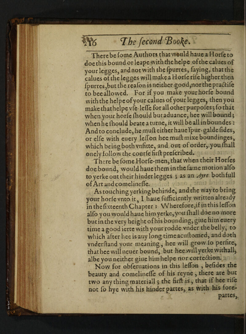 There be (ome Authors that would haueaHorfcto doe this bound or leape with the helpe of the calues of your legges, and not with the fpurres, faying, that the calues of the legges will make a Horfe rife higher then fptirres,but the rcafon is neither good,nor the pravSife to bee allowed. For if you make your horfe bound with the helpe of your calues of your legges, then you make that helpe vfe* leffe for all other purpofes; fo that when your horfe fliould buc aduance, hee will bound 5 when he fhould beate a turne, it will be all in boundes: And to conclude, he mud either hauc’fpur- galde fides, or elfe with euery leffon hee muff mixeboundingcs, which beingboth vnfitte, and out of order,, you fhali onely follow the courfefirft prefcribed. v There be fame Horfe-men, that when their Horfe* doe bound, would haue them in the fame motion alfo to yerke out their hinder legges s as an Ayre bothfull of Art and comelineffe. Astouchingyerkingbehindc, and the way to bring your horfe vnto it, 1 haue fufficiently written already in thefixteenth Chapter : Whercfore,if in this leffon alfo you would haue him yerke,you fhali doe no more but in the very height of his bounding, giue him euery time a good ierte with your rodde vnaer the belly, to which after hee is any long time acuftomed, and doth vndcrfland your meaning, hee will grow fo perfite, that hee will newer bound, but hee will yerke withall, albe you neither giue him helpe nor corre£fion. Now for obfcruations in this leffon , befidcs the beauty and comelinelfe of his reyne , there arc but two any thing material!; the firft is , that if hee rife not fp hye with his hinder partes, as with his fore- < ' partes,.