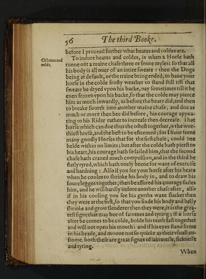 Jtif mm Of heats and eclds. r.. before I proceed further what heates and coldcs are. Toindureheates and coldes, is when a Horfe hath runne out a maine chafe three or foure myles; fo that all hisbodyisallouerof an intire fweatc : then the Dogs being at default, orthe traine beingended, to haue your horfe in the colde frofty weather to ftand ftill till that fweatebedryed vponhis backc,nay fometimestill itbc euen frozen vpon his backe,fo that the colde may pierce him as much inwardly, as before the heate did,and then tobreake foorth into another maine chafe, and doe as much or more then hee did before, his courage appea¬ ring to his Rider rathertoincreafethendecreafe. ihat horfe which can doe thus the ofteft together,is the wor- thiefthorfe,andthebeft tobeefteemed;for I haue feenc many goodly Horfes that for thefirftchafe, could bee helde within no limits ; but after the colde hath pierft to his heart,his courage hath fo failed him,that the fecond chafe hath craned much compulfion^and in the third he flatly tyred,which hath onely beene for want of exercife andhardning : Alfo if you fee your horfe after his heate whenhecoolesto fhrinke his body in, and to draw his fourelegges together,then beaffured his courage fades him, and he will hardly indurc another chafe after, alfo if in his cooling you fee his gyrths waxe flacker then they were at thefirft,fo that you finde his body and belly fhnnke and growflendcrerthenthey were,itisthe grea- teftfigne that may bee of faintnes and tyring; if a horfe after he comes to be colde, holde his teeth faft together and will not open his mouth; and if his eyes ftand firmc in his headc, and mooue not fo quicke as their vfuall cu- ftome, both thefe are great fignes of faintnefle, fickneffc andtyring. Wbefl 1