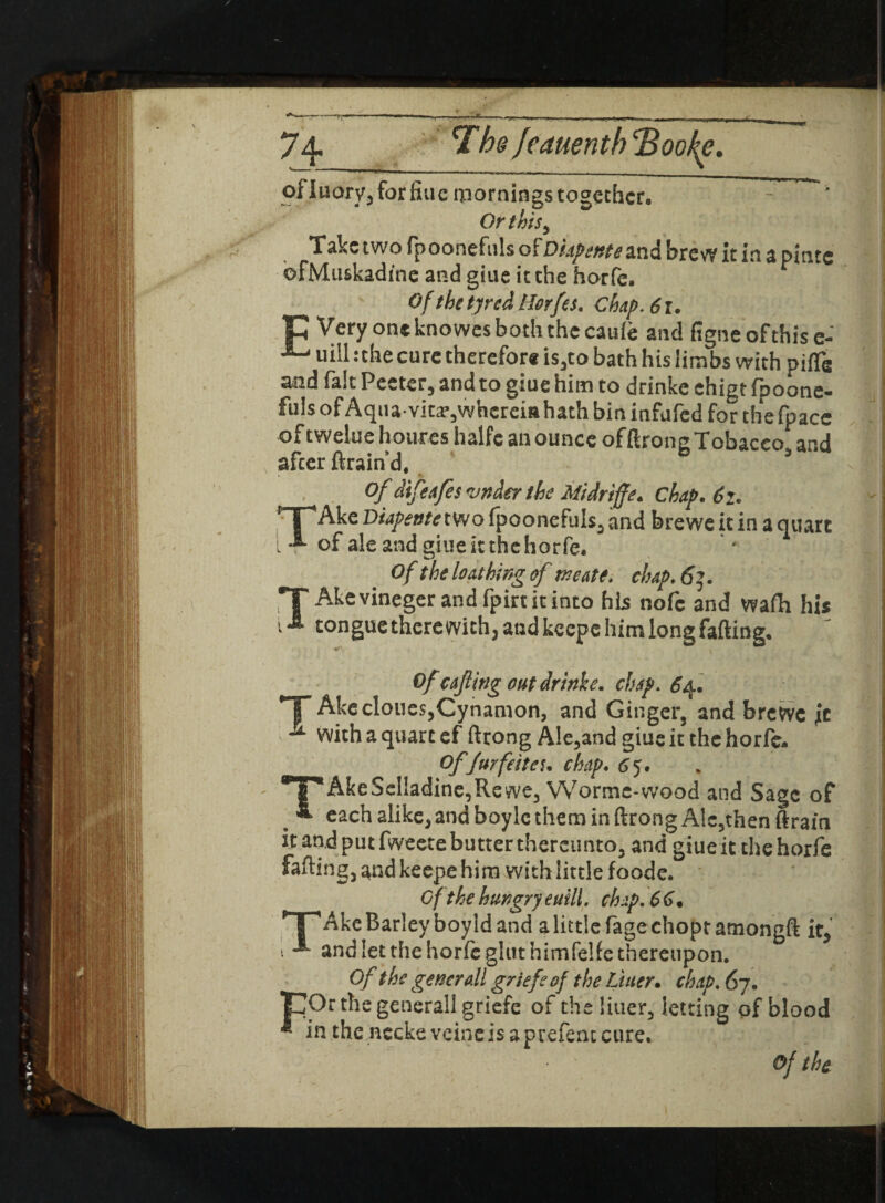 * r ofluory, for Sue mornings together. Or this. Take two fpoonefuls of Dkpetite and brew it in a pinte bfMuskadine and giue it the horfe. Of the tyred Horfes. Chap. 61. C Very one knowes both the cauie and figne of this e- J“l uill: the cure therefore isjto bath his limbs with pifle and fait Peeter, and to giue him to drinke ehigt fpoone¬ fuls of Aqua vita’jWhcreiH hath bin infufed for the fpace oftwelue hotires halfe an ounce offtrongTobacco, and after ftrain’d, s of difeafes vnder the Midriffe. chap. 62. TAke Diapeitic two fpoonefuls, and brewe it in a quart of ale and giue it the horfe. Of the loathing of meate. chap. 6 *T Akevinegerandfpirtitinto his nofc and wafh his i*®' tonguetherewithjatjdkccpehimlongfafting. Of c&fling out drinke. chty> 64, T Akc clones,Cyhamon, and Ginger, and brcWc Jc ^ with a quart ef ftrong Ale,and giue it the horfe- Offurfeiteu chap. 65. ^1luAkeSeIIadine,Rewe, Worme-wood and Sage of b ^ each alike, and boyle them in ftrong Alc,then ftrain it and put fweete butter thereunto, and giue it the horfe farting, and keepe him with little foode. n Cf the hungry euill. chip. 6 6 • r | ~lAke Barley boyld and a little fagechoptamongft it, 1 and let the horfe glut himfelfe thereupon. Of the gencrall griefe of the Liner. chap. 67. TjOr the generall griefs of the liuer, letting of blood * in the neckeveineisaprefentcure- • ' Of the